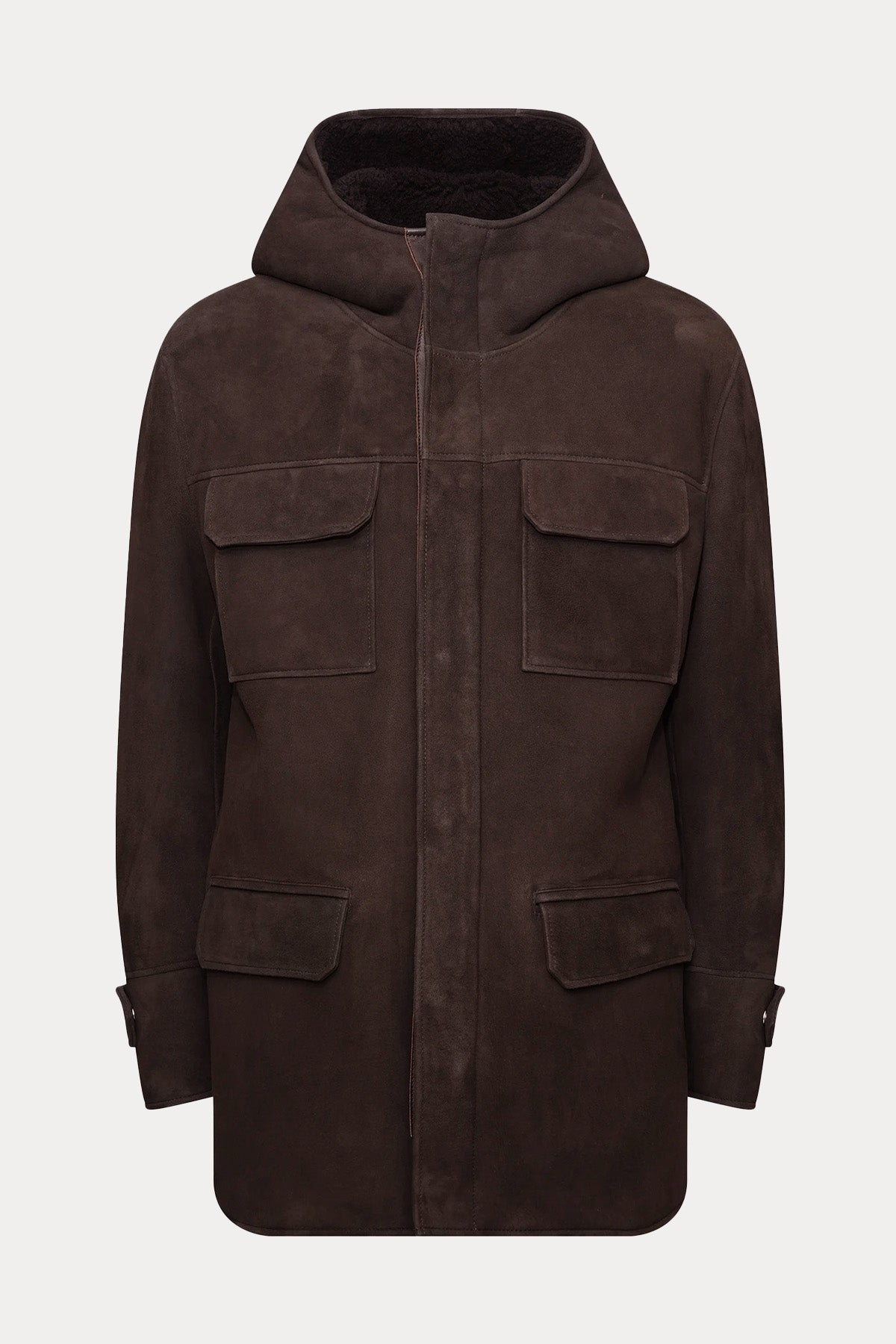 Dondup Kapüşonlu Nubuk Kuzu Derisi Kaban