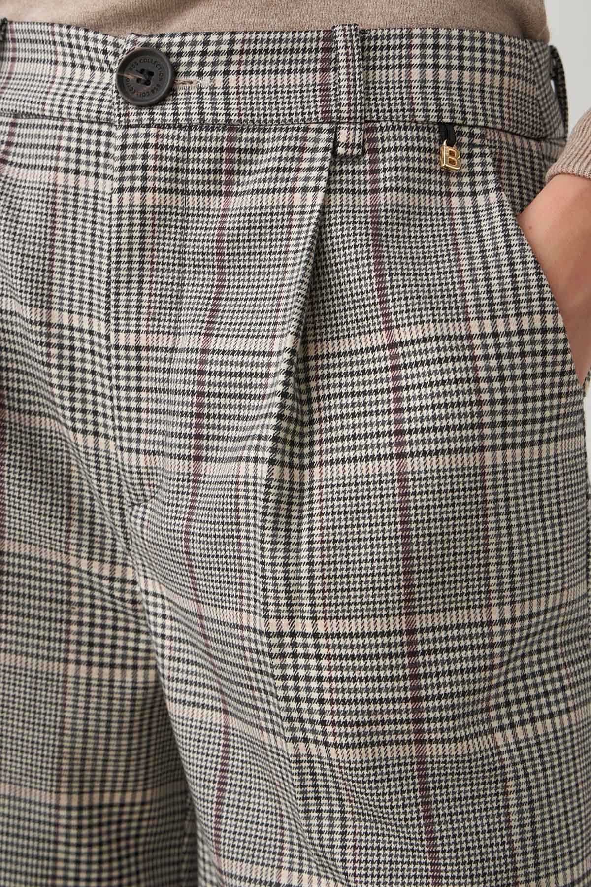 Bsb Relaxed Fit Ekose Desenli Tek Pile Yandan Cepli Pantolon