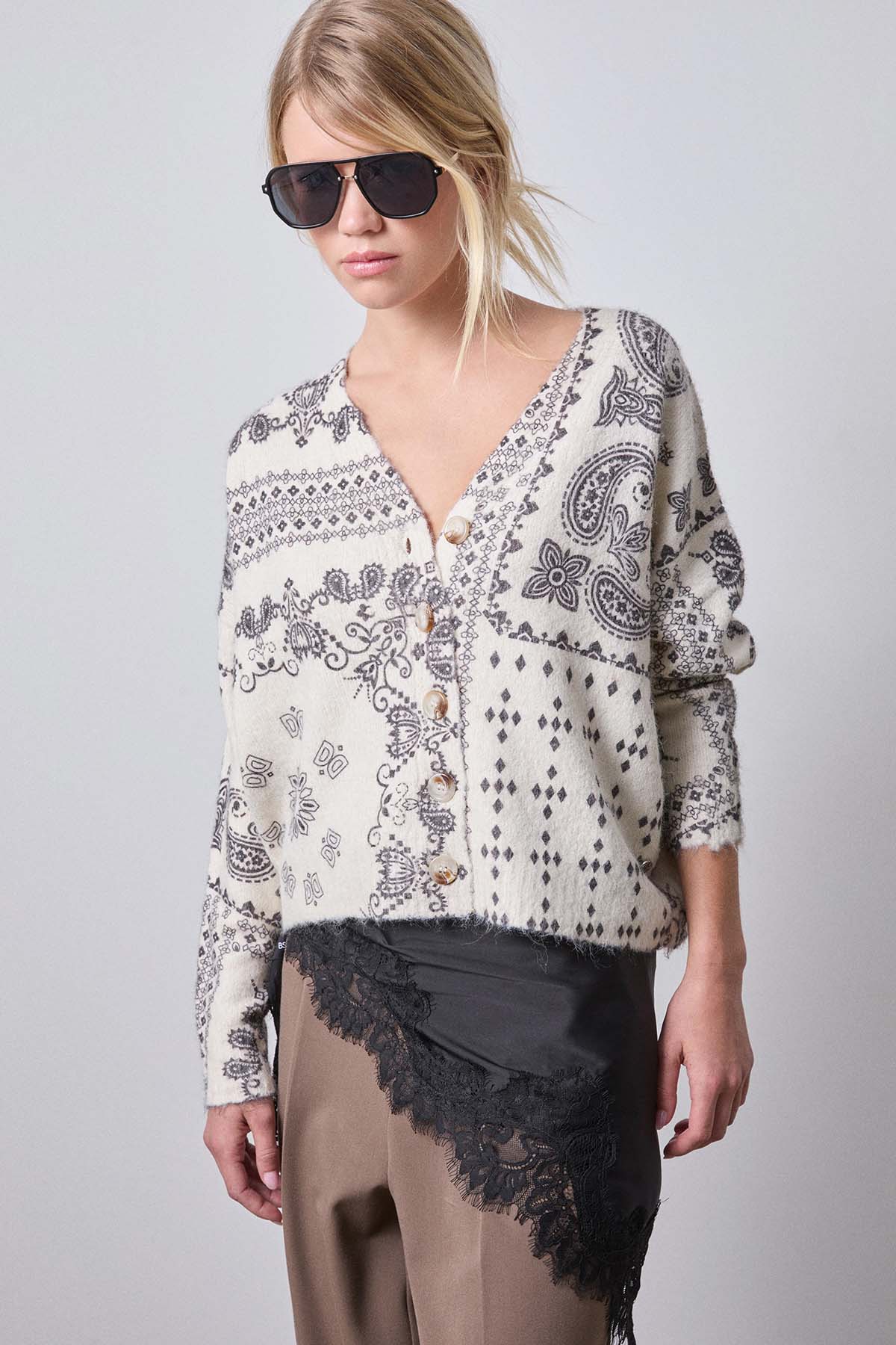 Bsb Relaxed Fit Etnik Şal Desenli Yün Triko Ceket