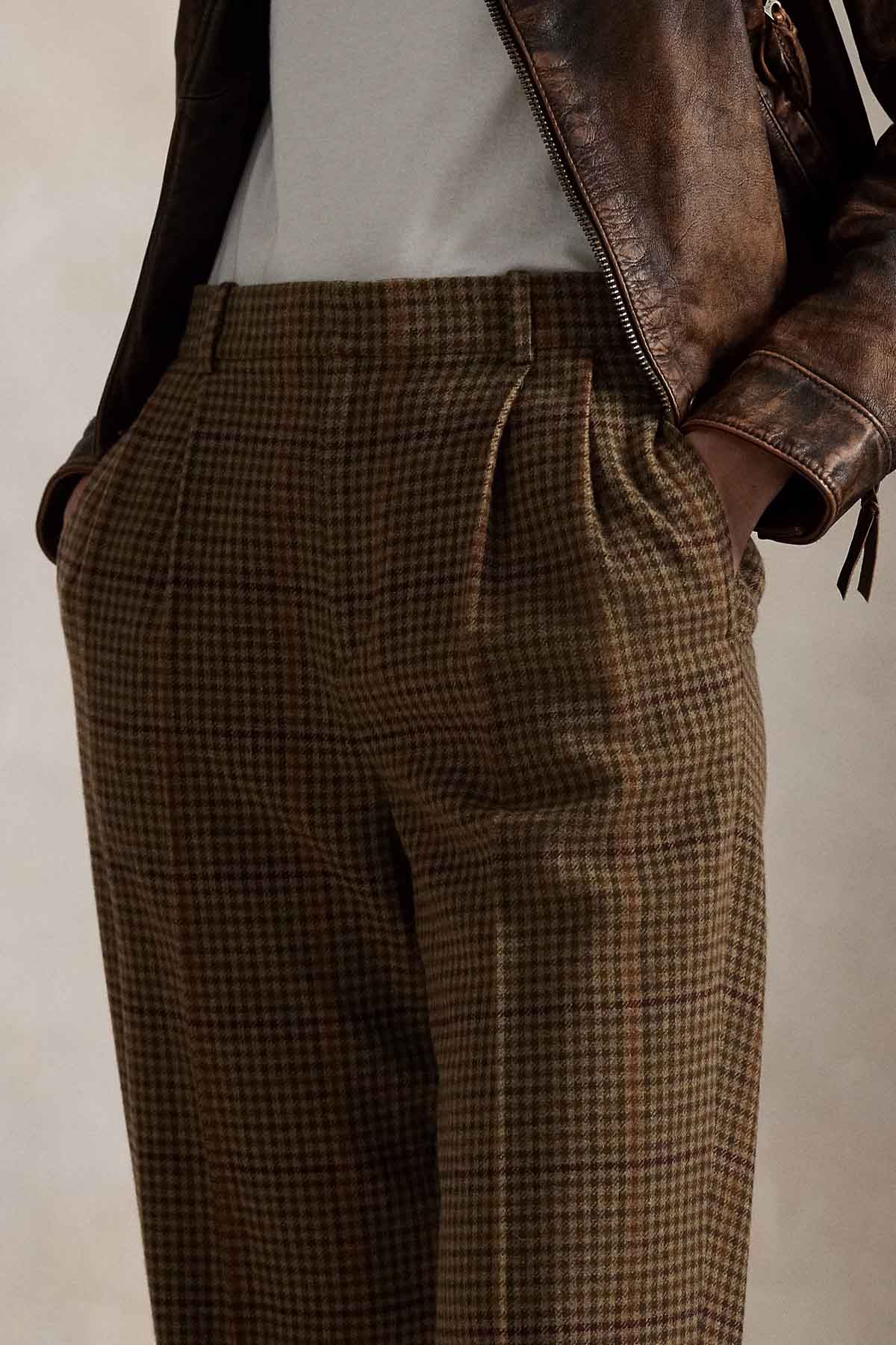 Polo Ralph Lauren Straight Fit Tek Pile Kazayağı Desenli Yandan Cepli Yün Pantolon