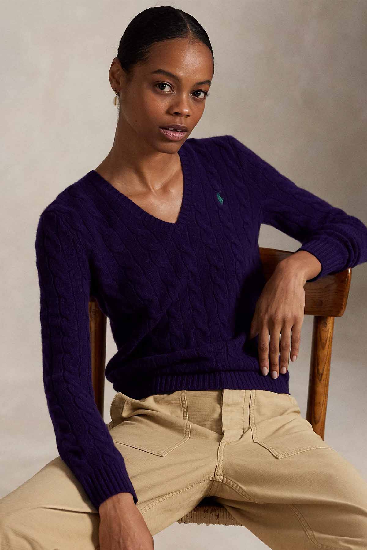 Polo Ralph Lauren Slim Fit V Yaka Saç Örgü Kaşmir Yün Triko