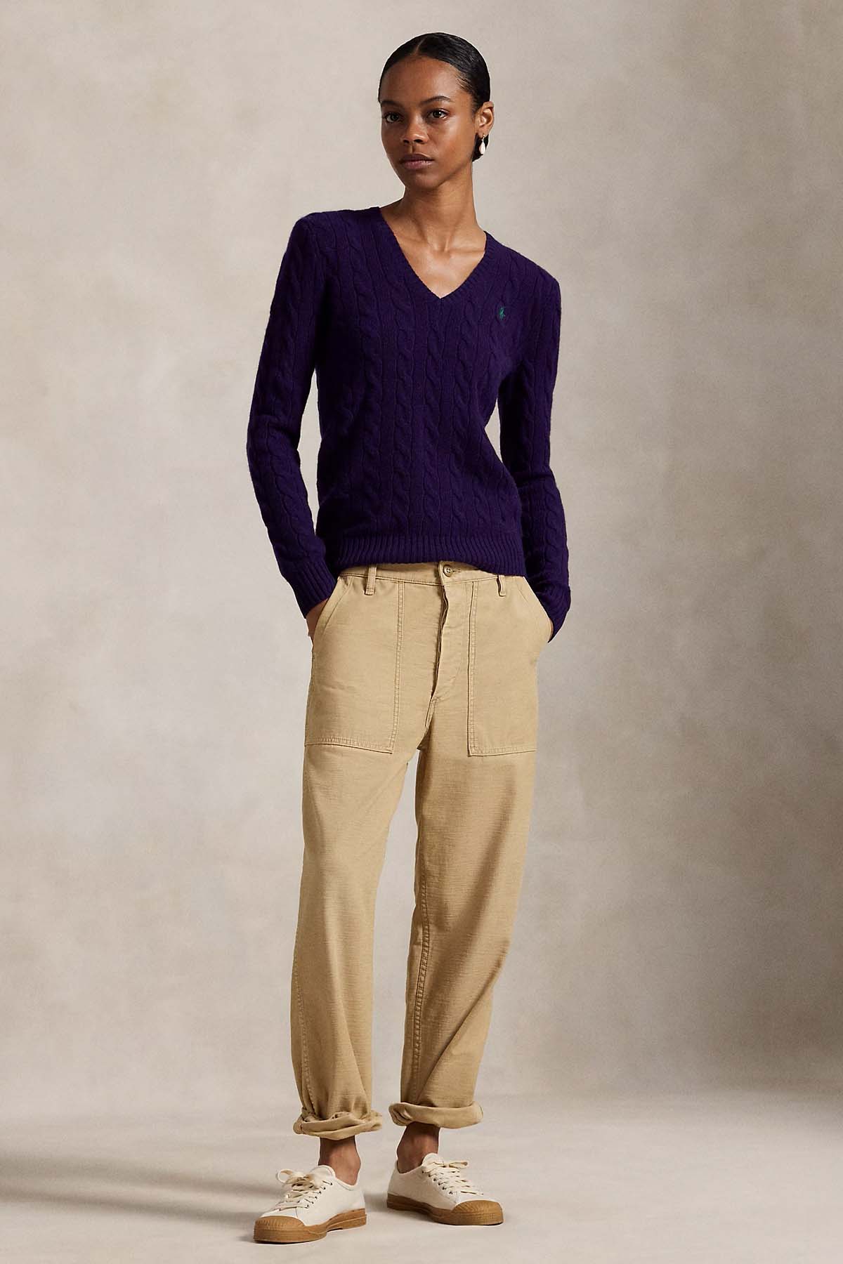 Polo Ralph Lauren Slim Fit V Yaka Saç Örgü Kaşmir Yün Triko