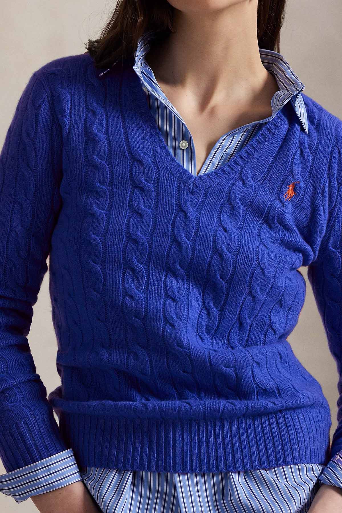 Polo Ralph Lauren Slim Fit V Yaka Saç Örgü Kaşmir Yün Triko