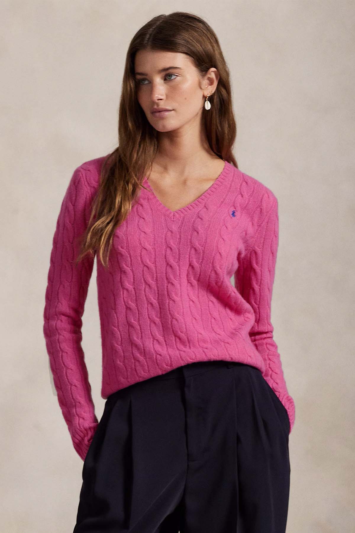 Polo Ralph Lauren Slim Fit V Yaka Saç Örgü Kaşmir Yün Triko