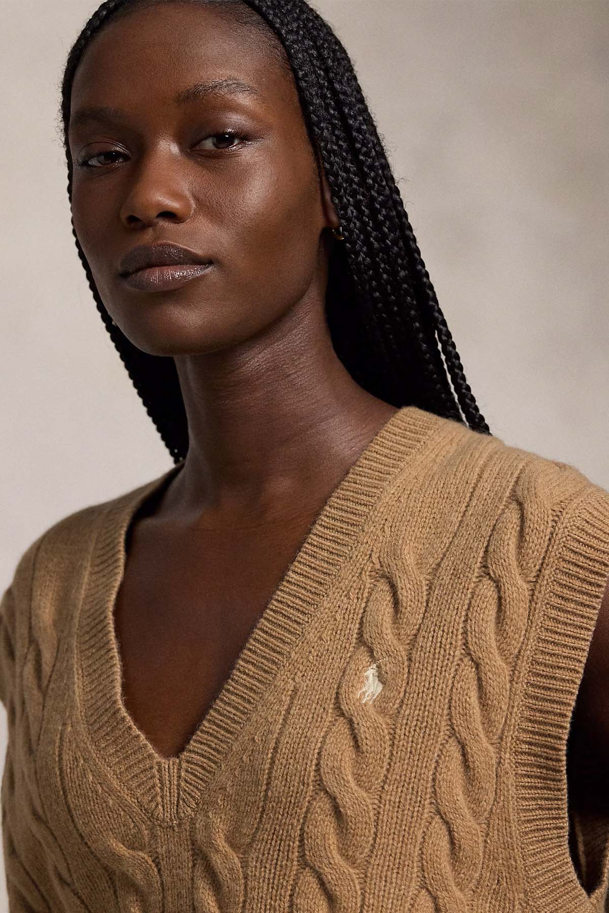 Polo Ralph Lauren Relaxed Fit V Yaka Saç Örgü Kaşmir Yün Triko