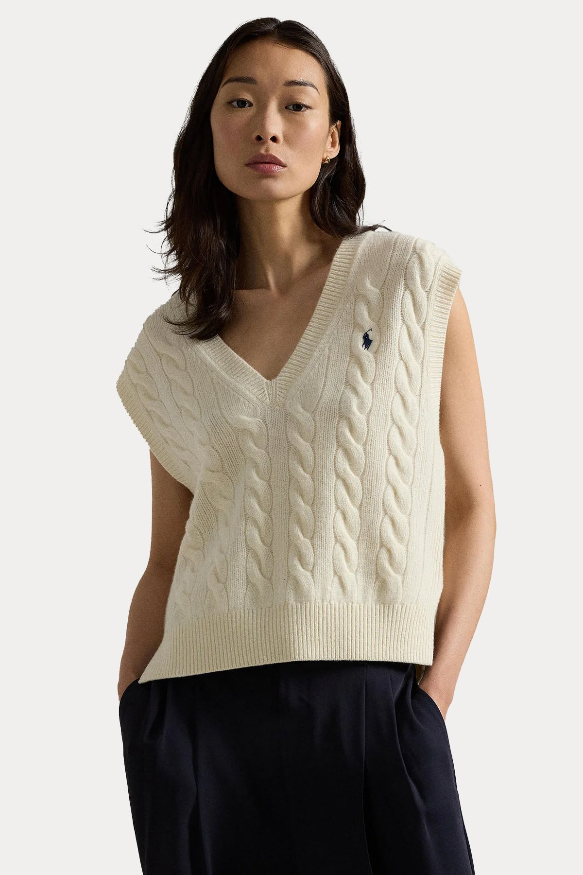 Polo Ralph Lauren Relaxed Fit V Yaka Saç Örgü Kaşmir Yün Triko