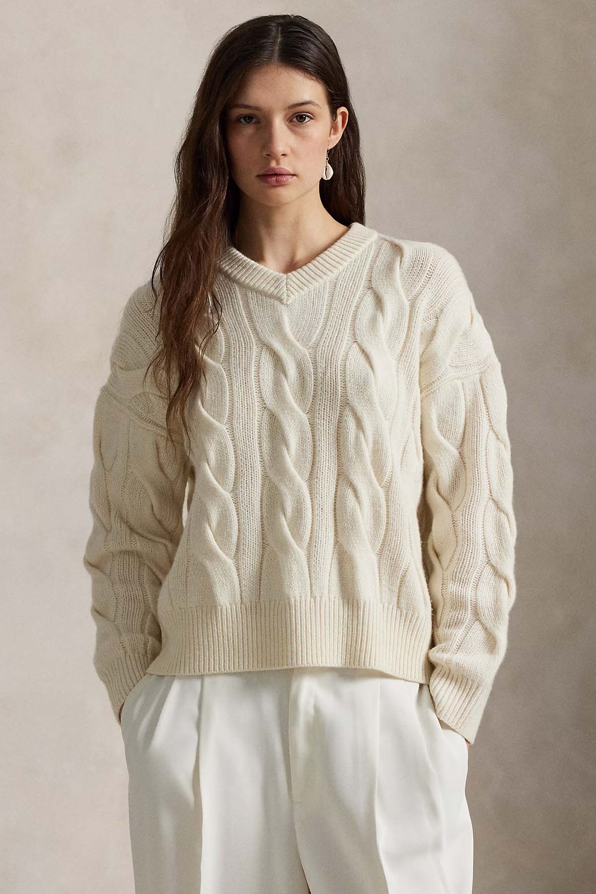 Polo Ralph Lauren Relaxed Fit V Yaka Saç Örgü Kaşmir Yün Triko