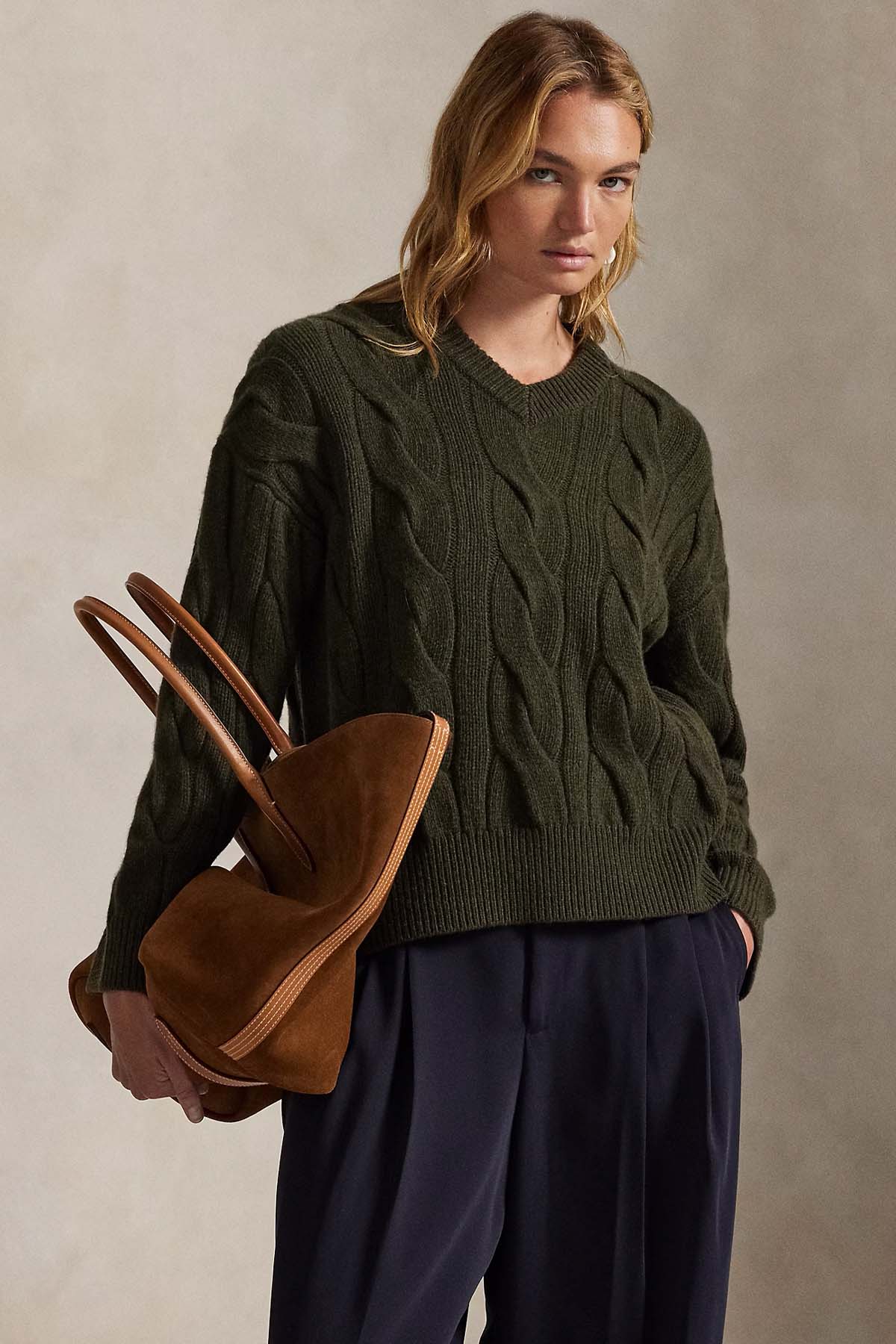 Polo Ralph Lauren Relaxed Fit V Yaka Saç Örgü Kaşmir Yün Triko