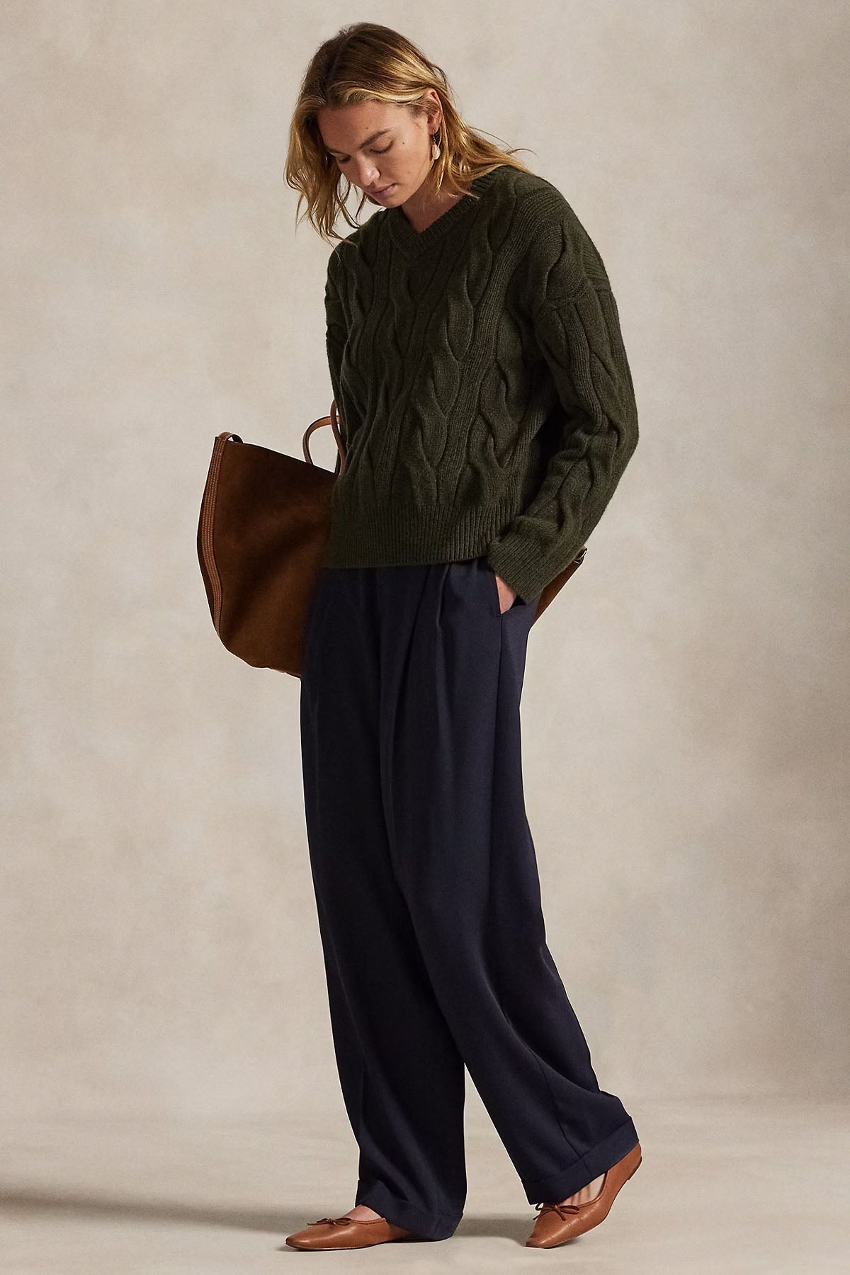 Polo Ralph Lauren Relaxed Fit V Yaka Saç Örgü Kaşmir Yün Triko