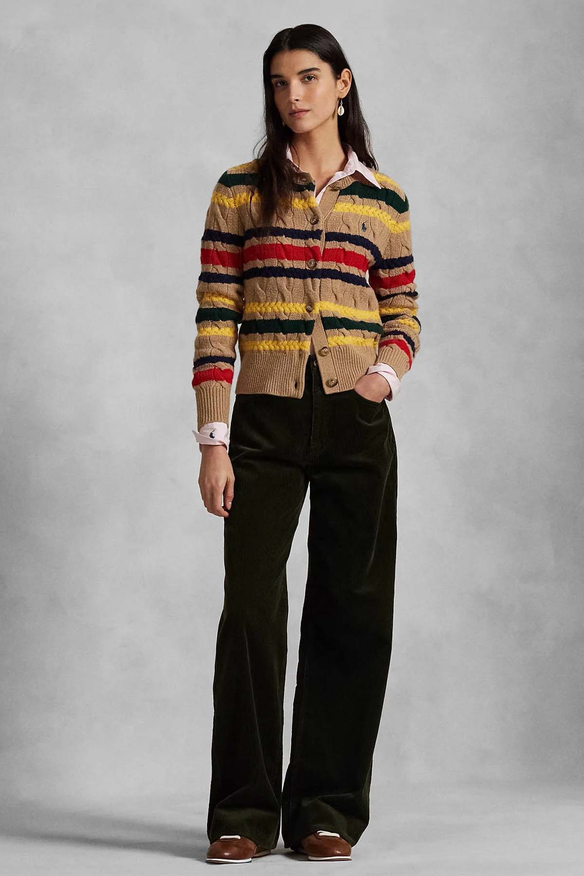 Polo Ralph Lauren Slim Fit Renk Bloklu Saç Örgü Kaşmir Yün Triko Ceket