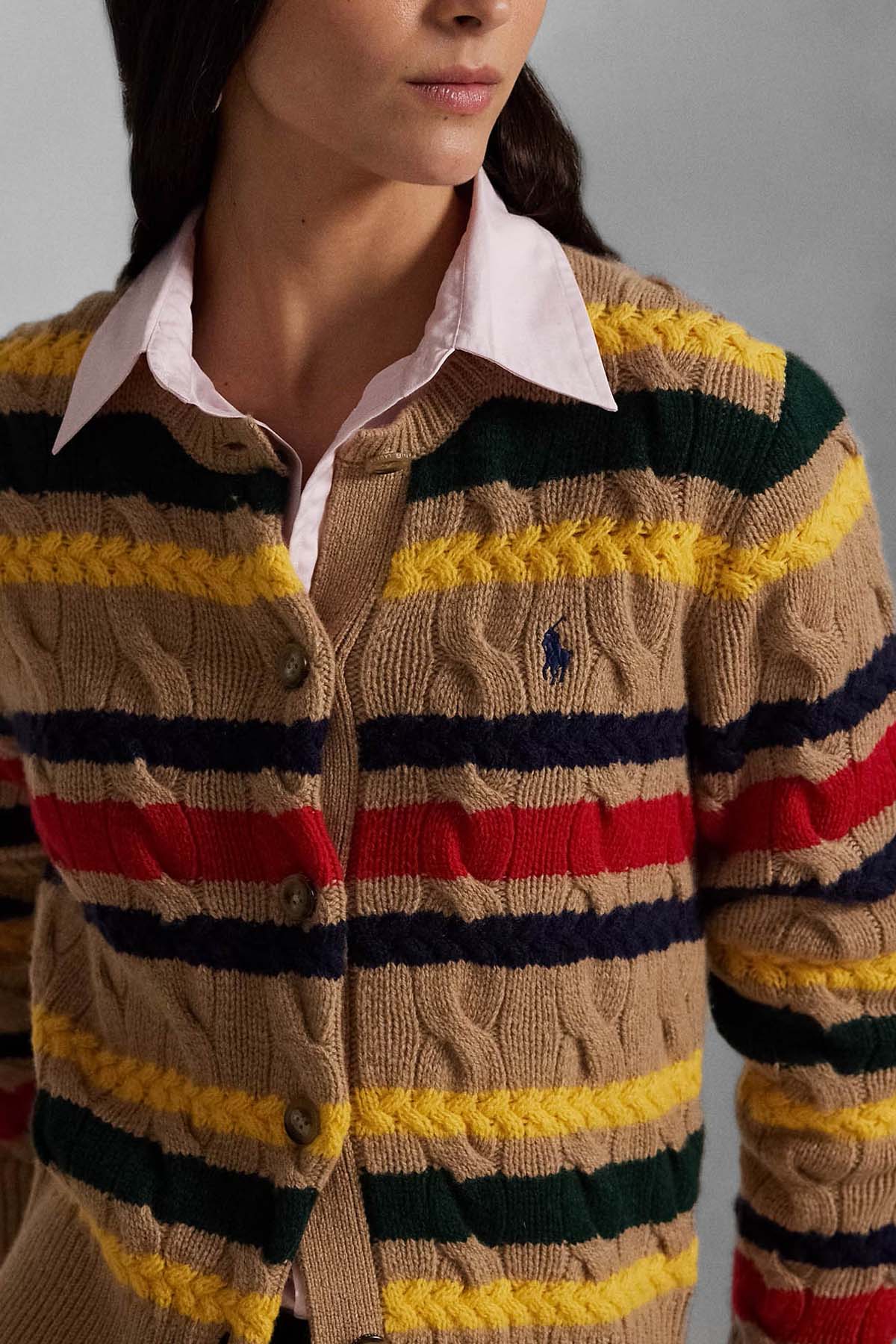 Polo Ralph Lauren Slim Fit Renk Bloklu Saç Örgü Kaşmir Yün Triko Ceket