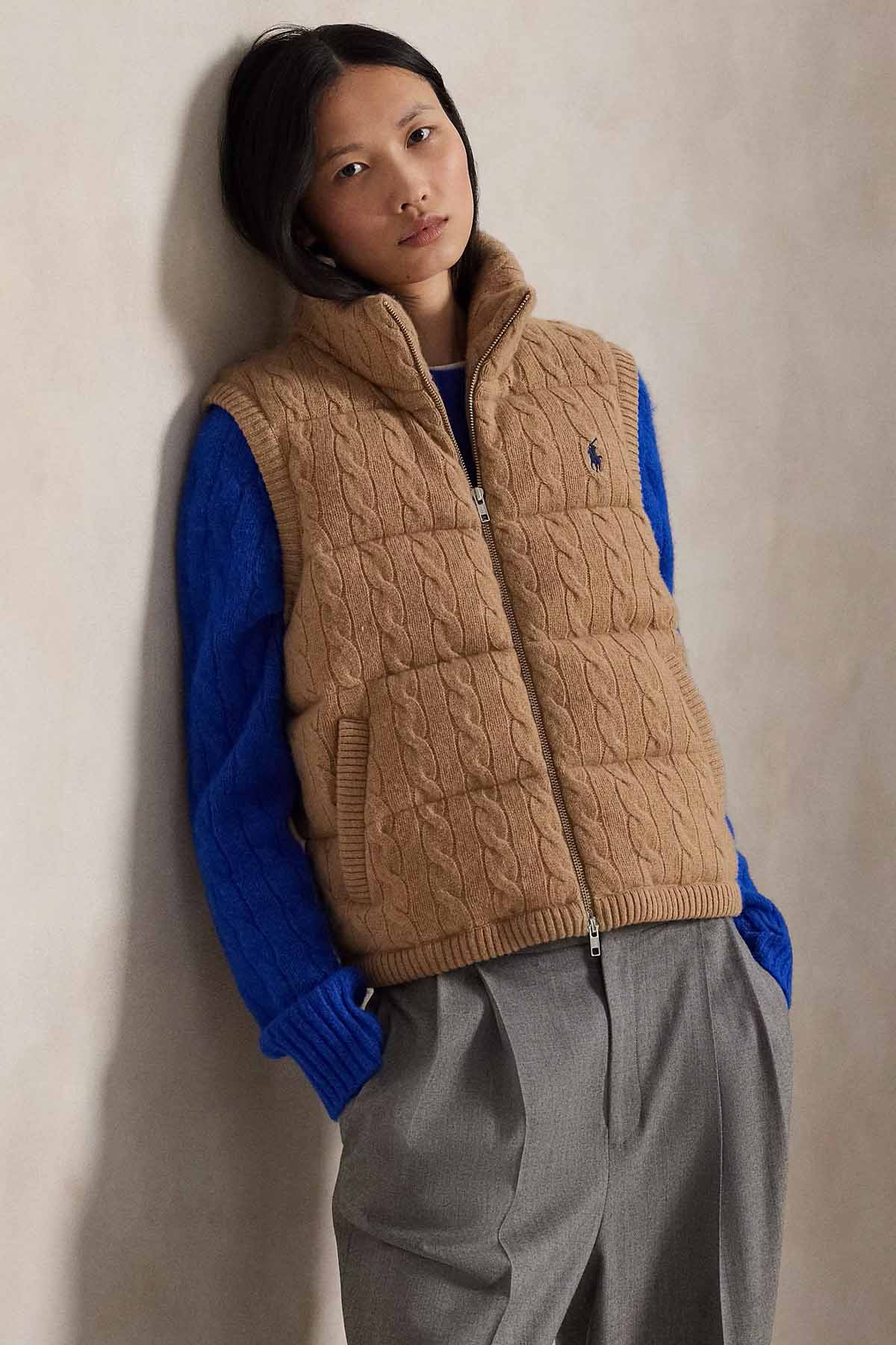 Polo Ralph Lauren Dik Yaka Saç Örgü Kaşmir Yün Puffer Yelek