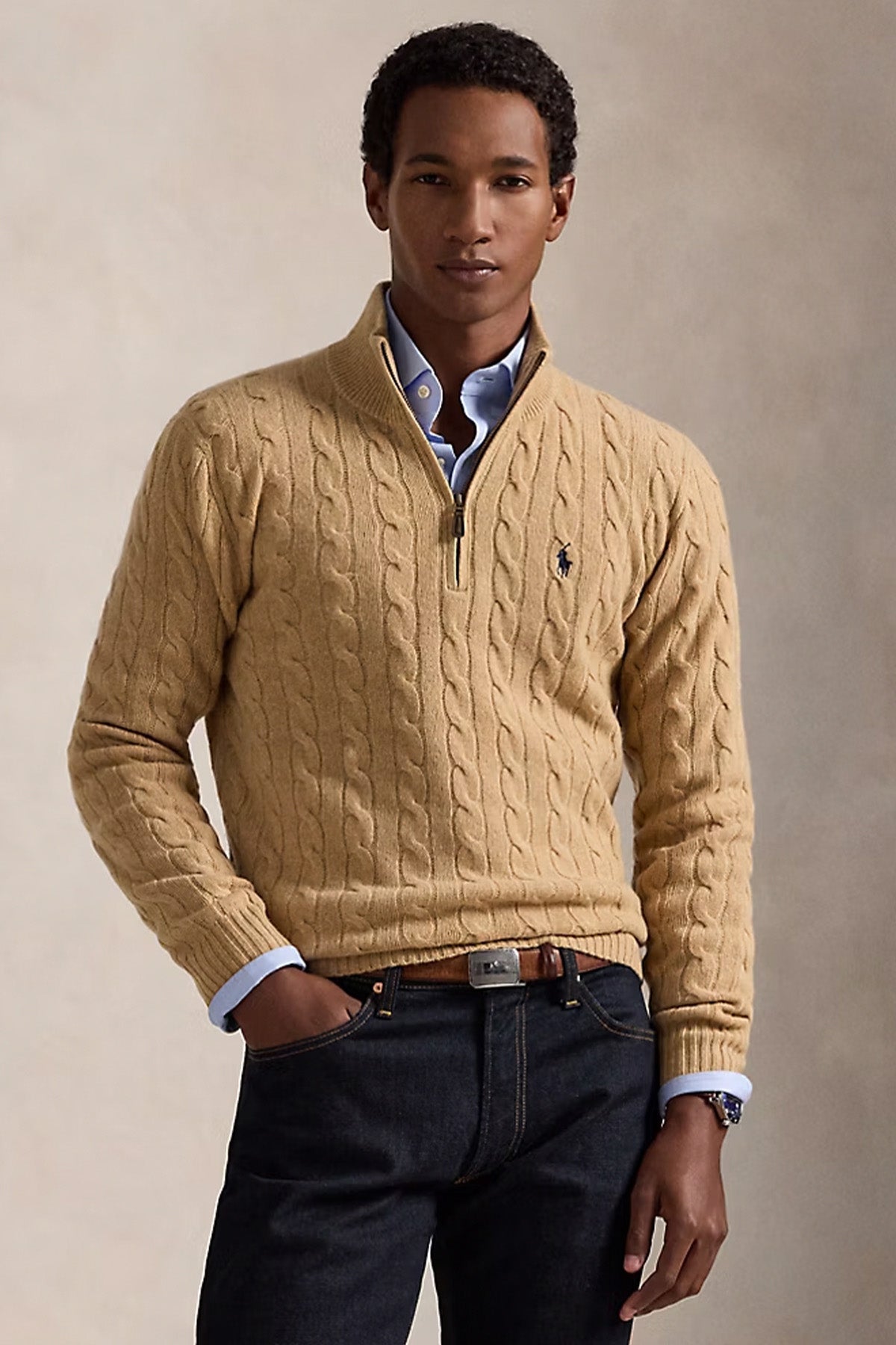 Polo Ralph Lauren Yarım Fermuarlı Dik Yaka Saç Örgü Kaşmir Yün Triko