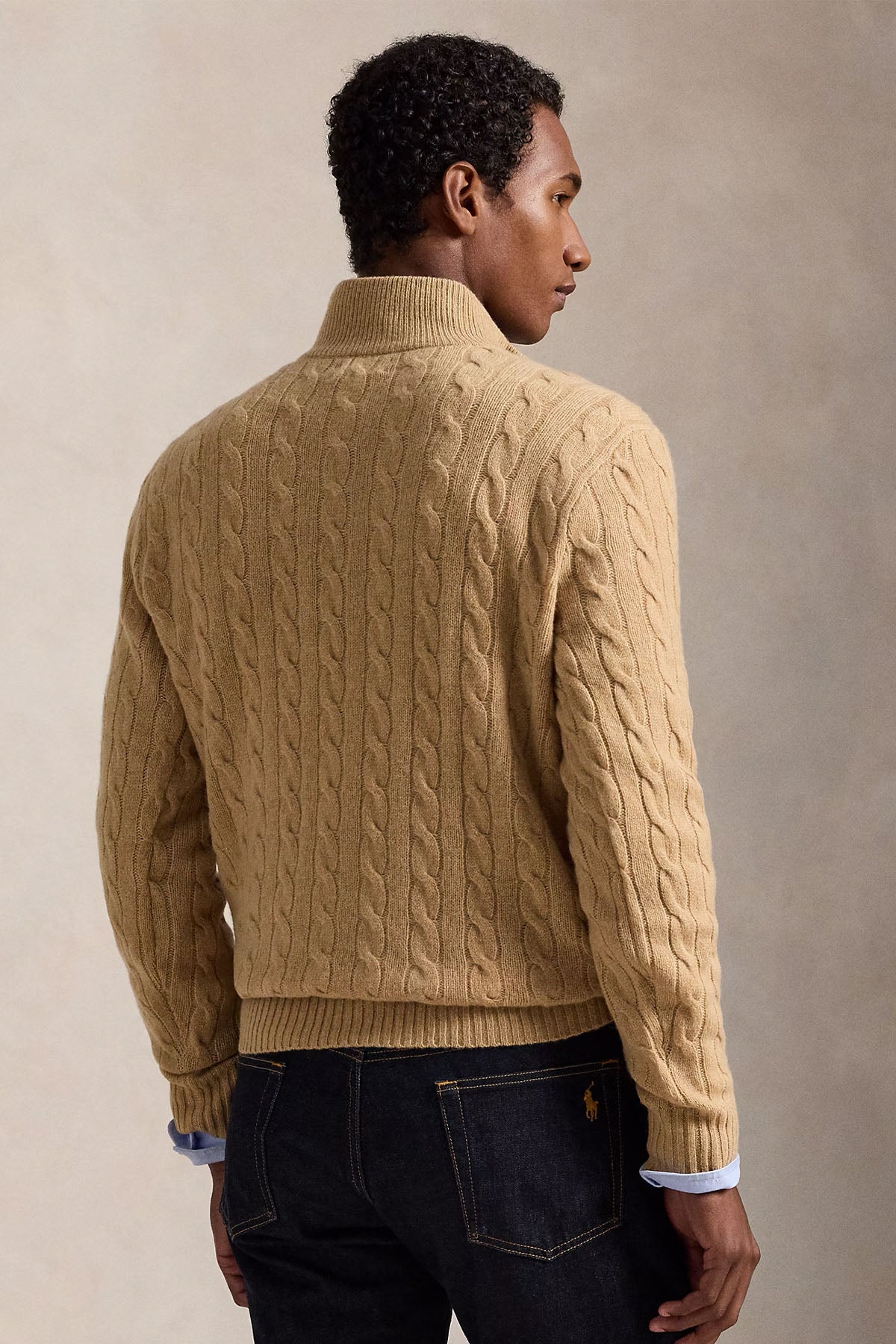 Polo Ralph Lauren Yarım Fermuarlı Dik Yaka Saç Örgü Kaşmir Yün Triko