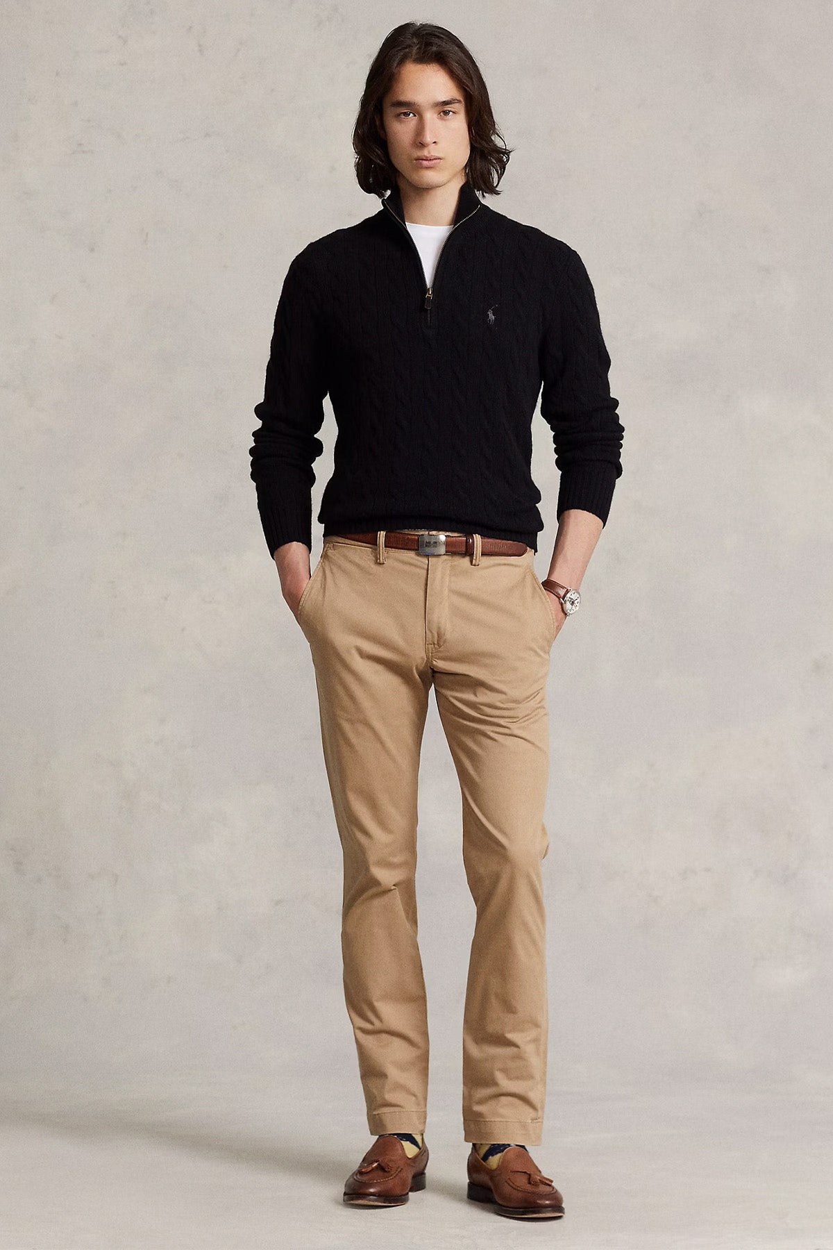 Polo Ralph Lauren Yarım Fermuarlı Dik Yaka Saç Örgü Kaşmir Yün Triko