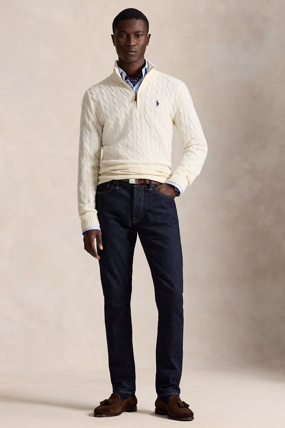 Polo Ralph Lauren Yarım Fermuarlı Dik Yaka Saç Örgü Kaşmir Yün Triko