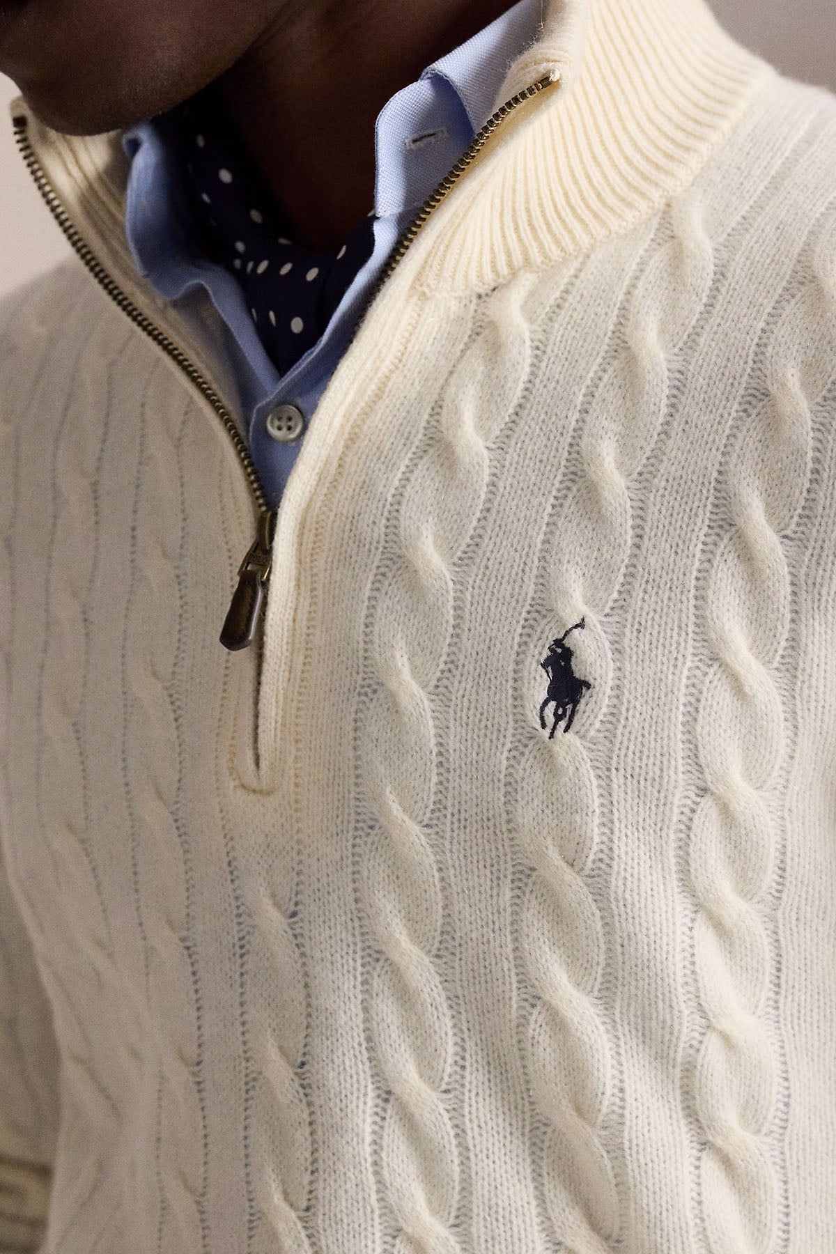 Polo Ralph Lauren Yarım Fermuarlı Dik Yaka Saç Örgü Kaşmir Yün Triko
