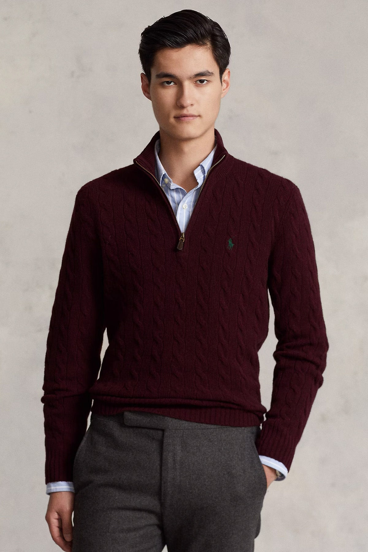 Polo Ralph Lauren Yarım Fermuarlı Dik Yaka Kaşmir Saç Örgü Yün Triko