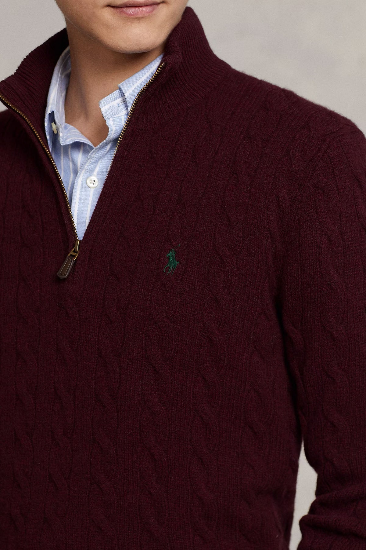 Polo Ralph Lauren Yarım Fermuarlı Dik Yaka Kaşmir Saç Örgü Yün Triko