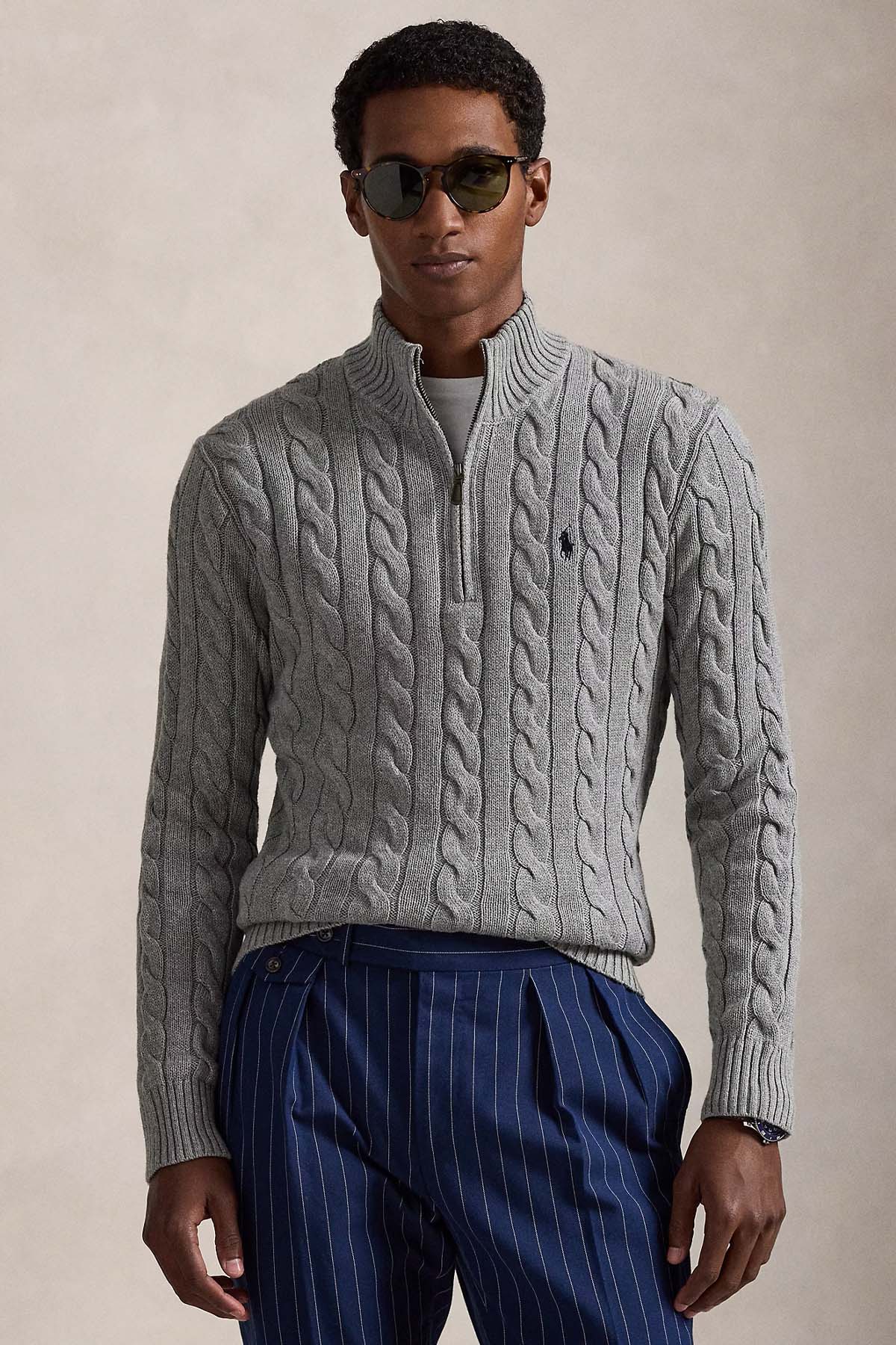 Polo Ralph Lauren Yarım Fermuarlı Dik Yaka Saç Örgü Triko