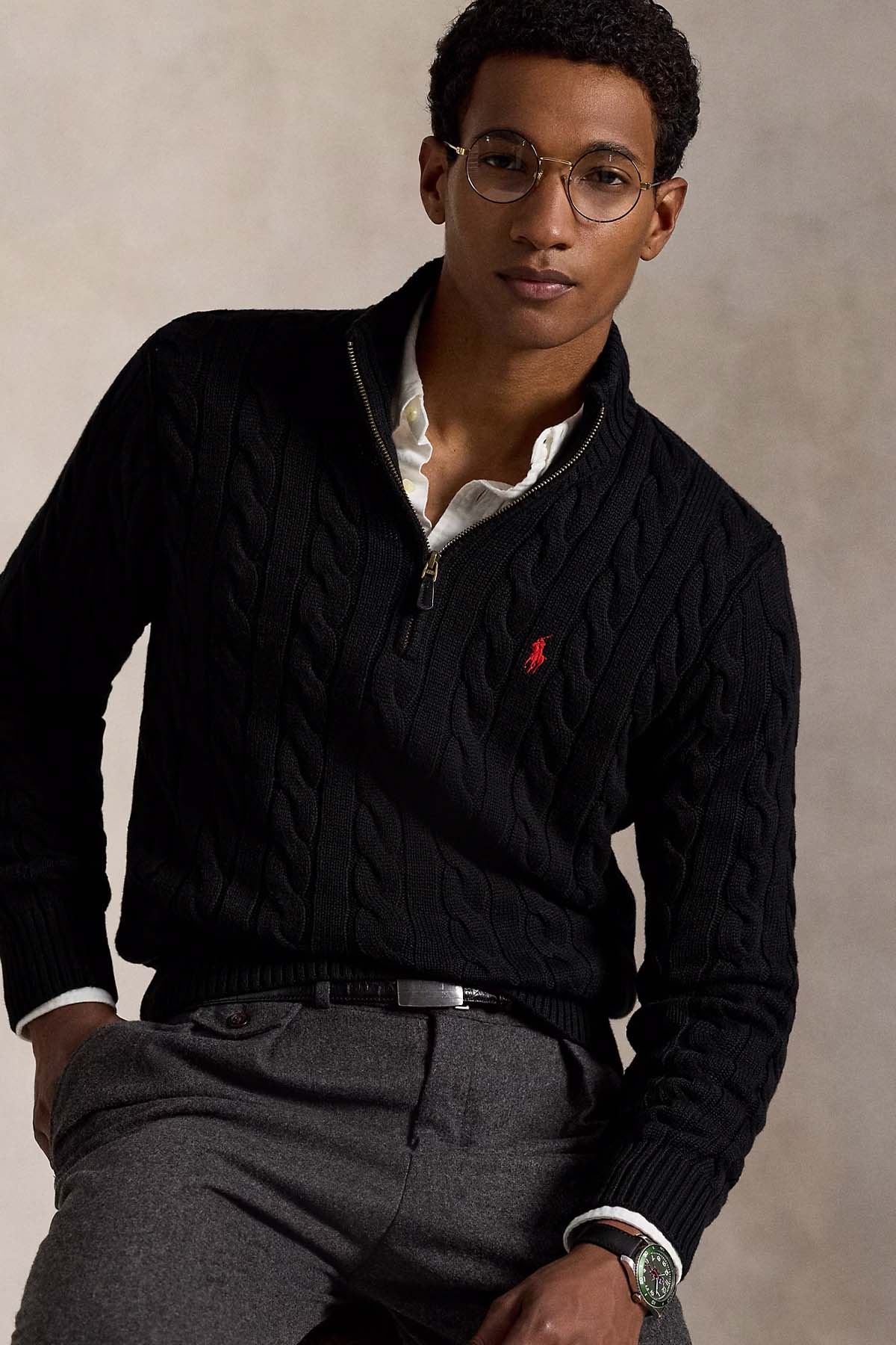 Polo Ralph Lauren Yarım Fermuarlı Dik Yaka Saç Örgü Triko