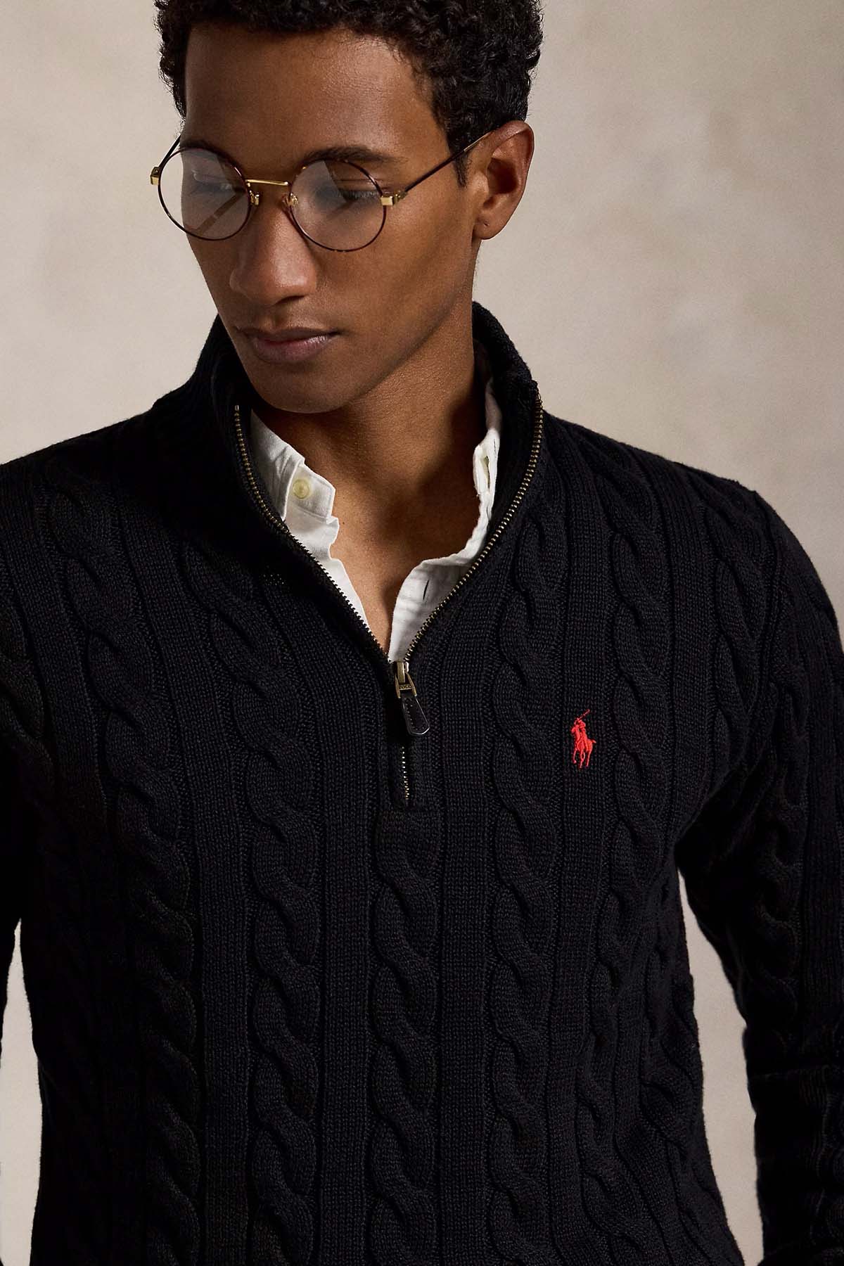 Polo Ralph Lauren Yarım Fermuarlı Dik Yaka Saç Örgü Triko