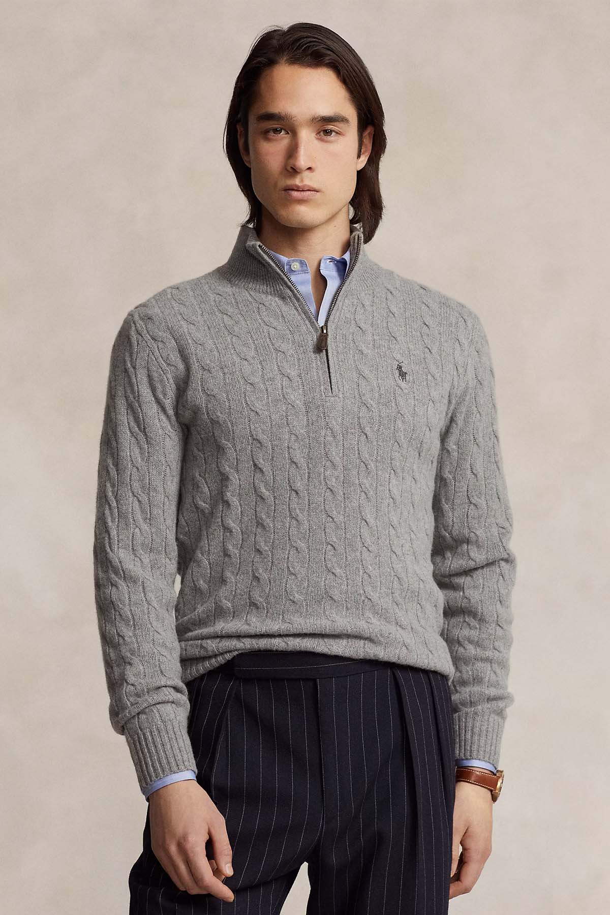 Polo Ralph Lauren Yarım Fermuarlı Dik Yaka Kaşmir Saç Örgü Yün Triko