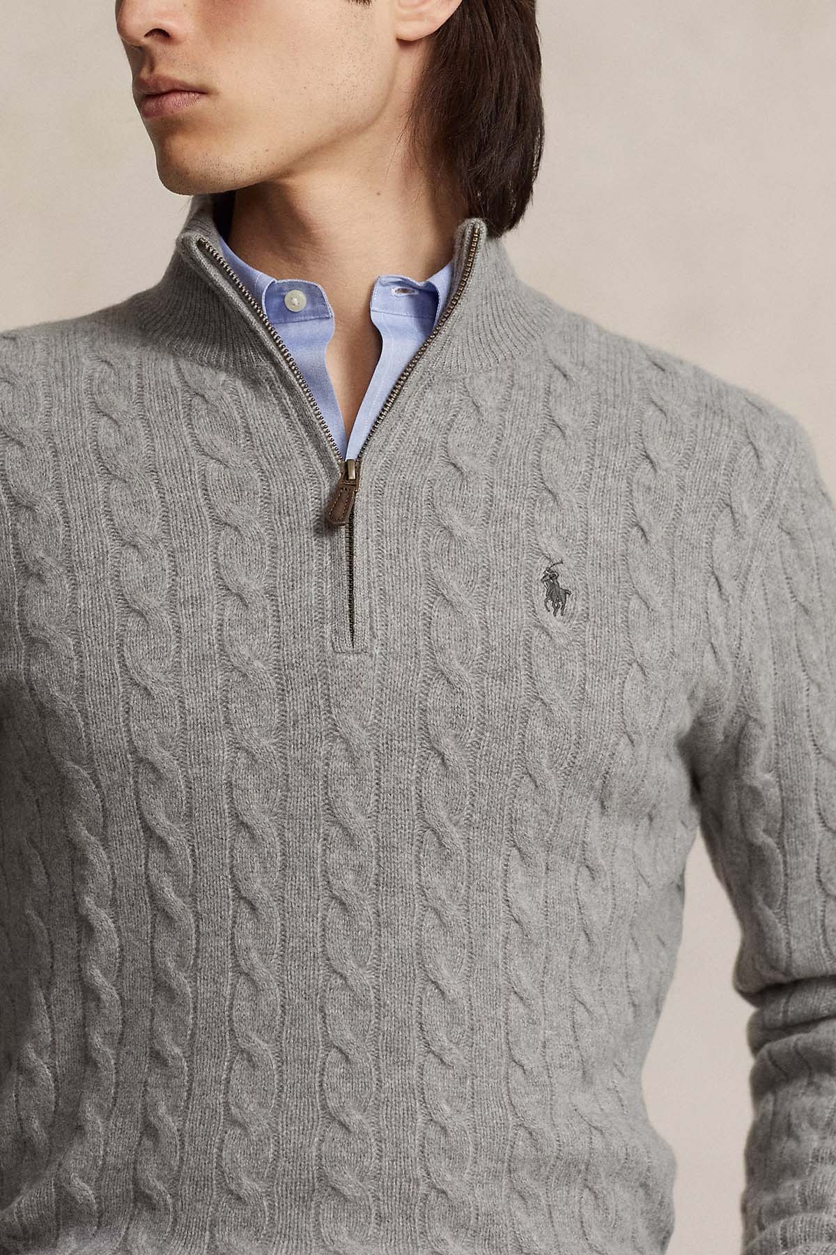 Polo Ralph Lauren Yarım Fermuarlı Dik Yaka Kaşmir Saç Örgü Yün Triko