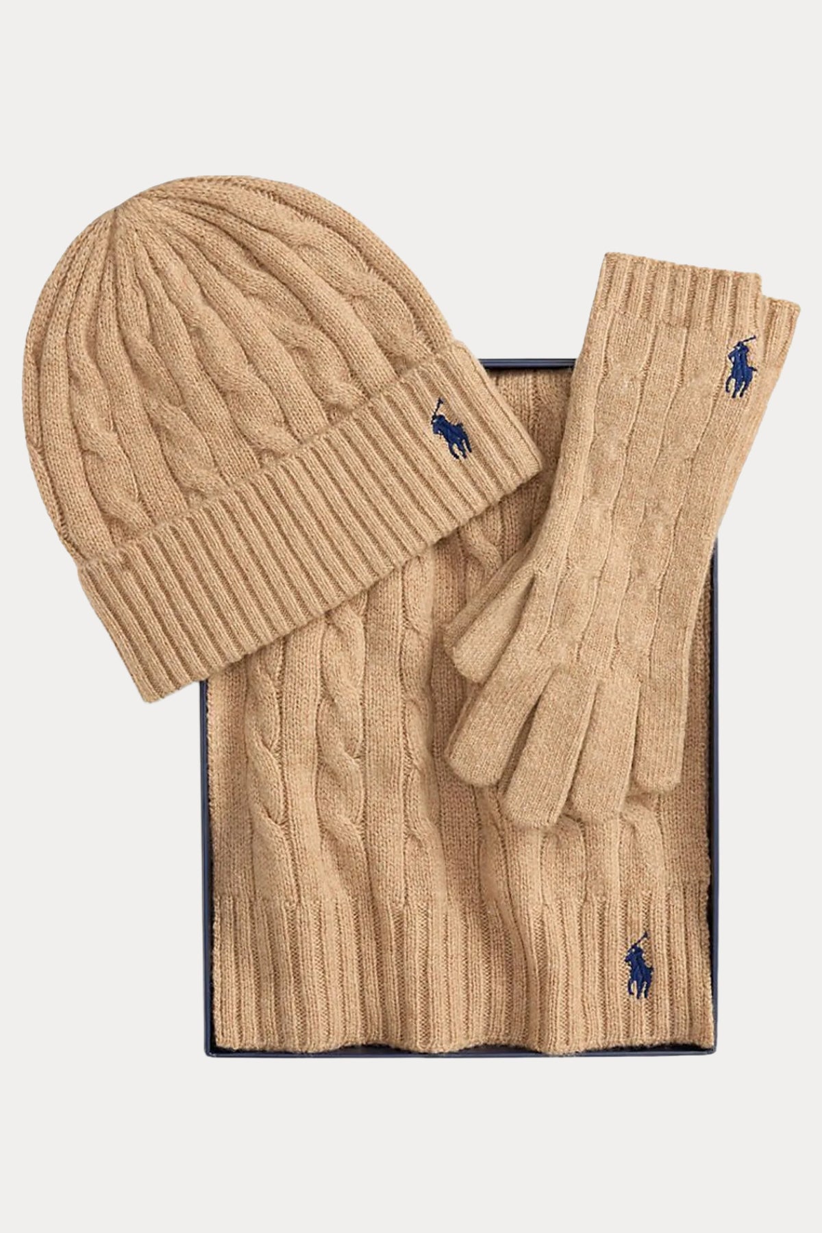 Polo Ralph Lauren Kaşmir Saç Örgü Yün Atkı Bere Eldiven Set