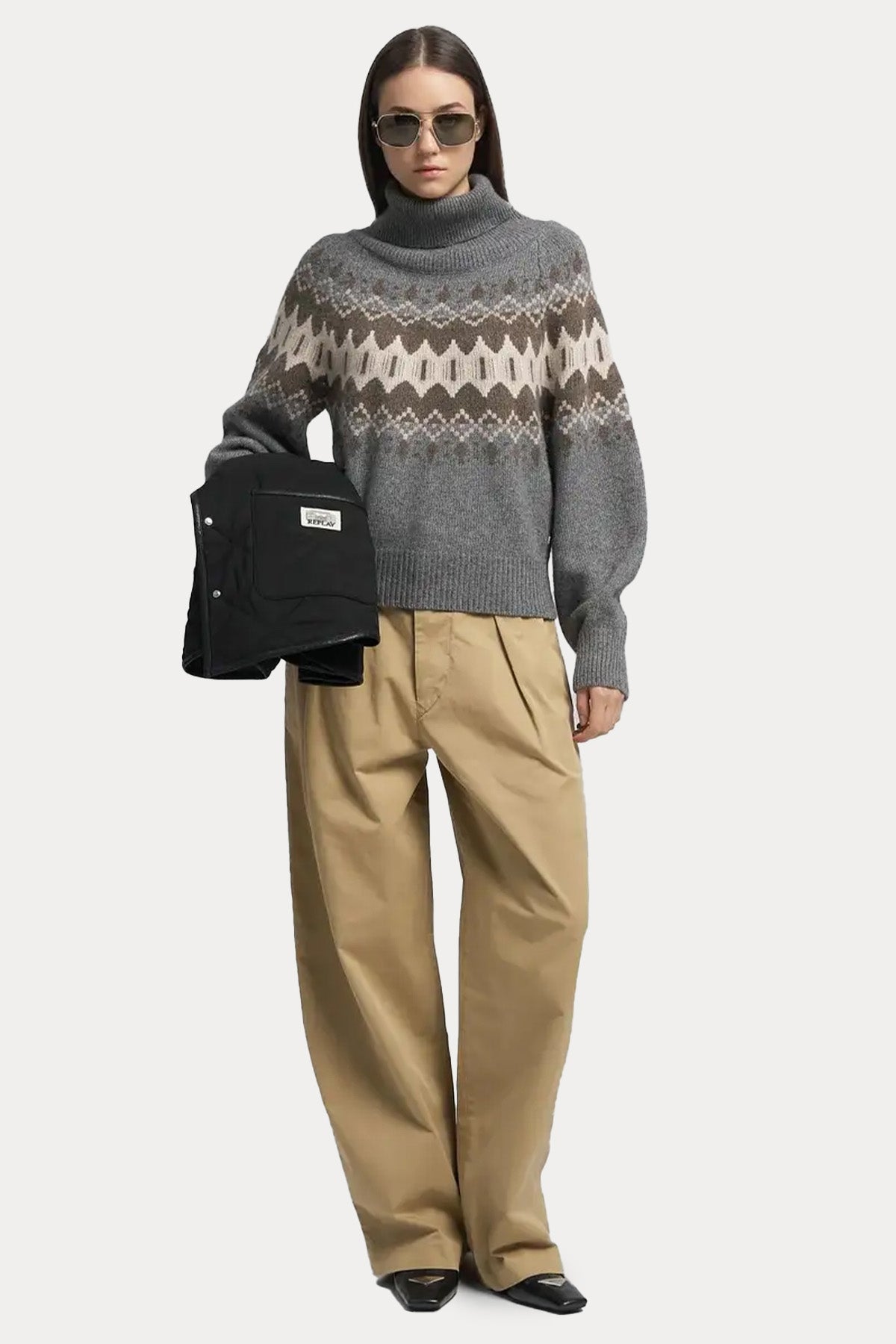 Replay Relaxed Fit Balıkçı Yaka Fire Isle Desenli Örgü Yün Triko