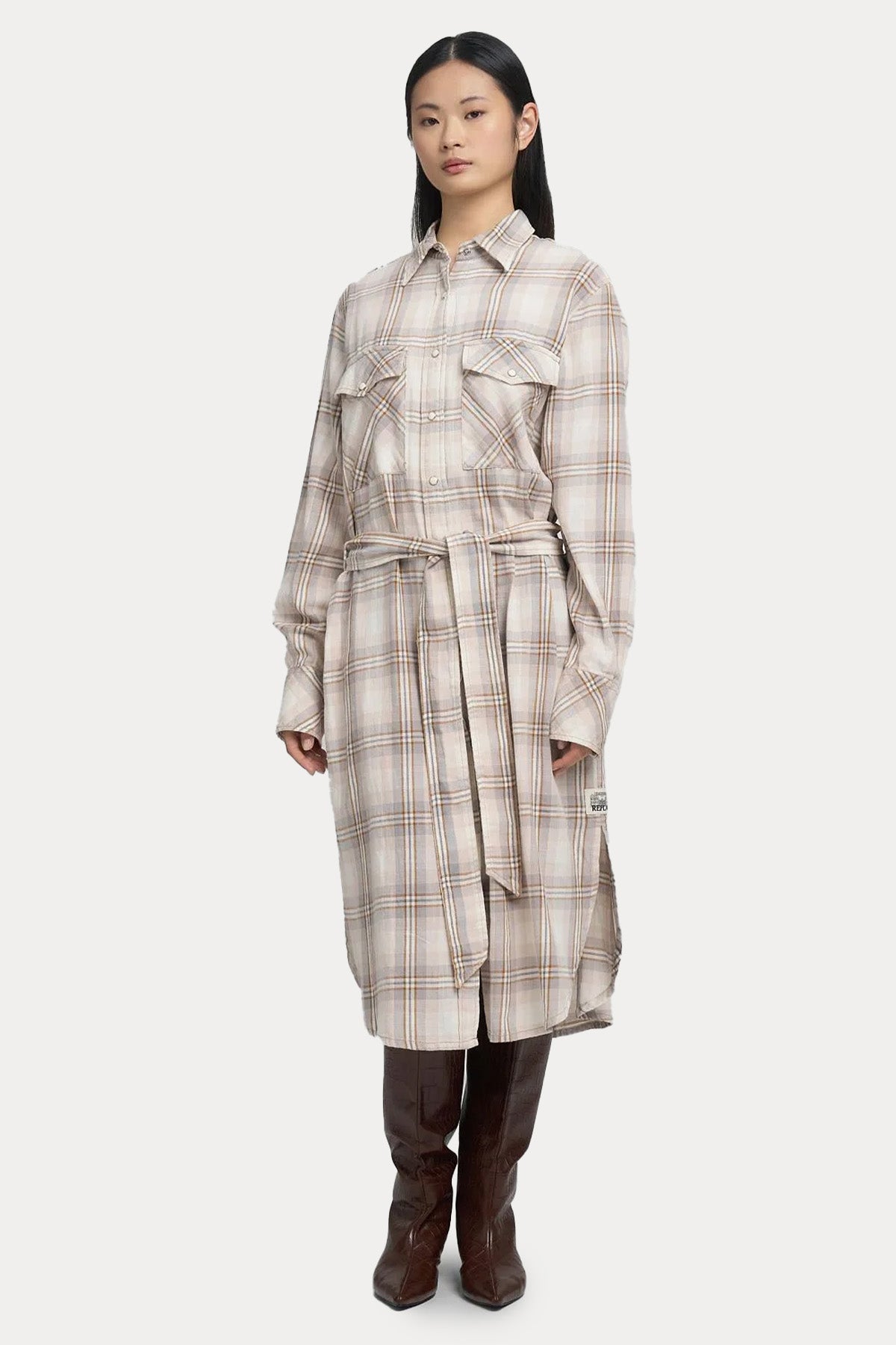 Replay Relaxed Fit Ekose Desen Kemerli Midi Gömlek Elbise