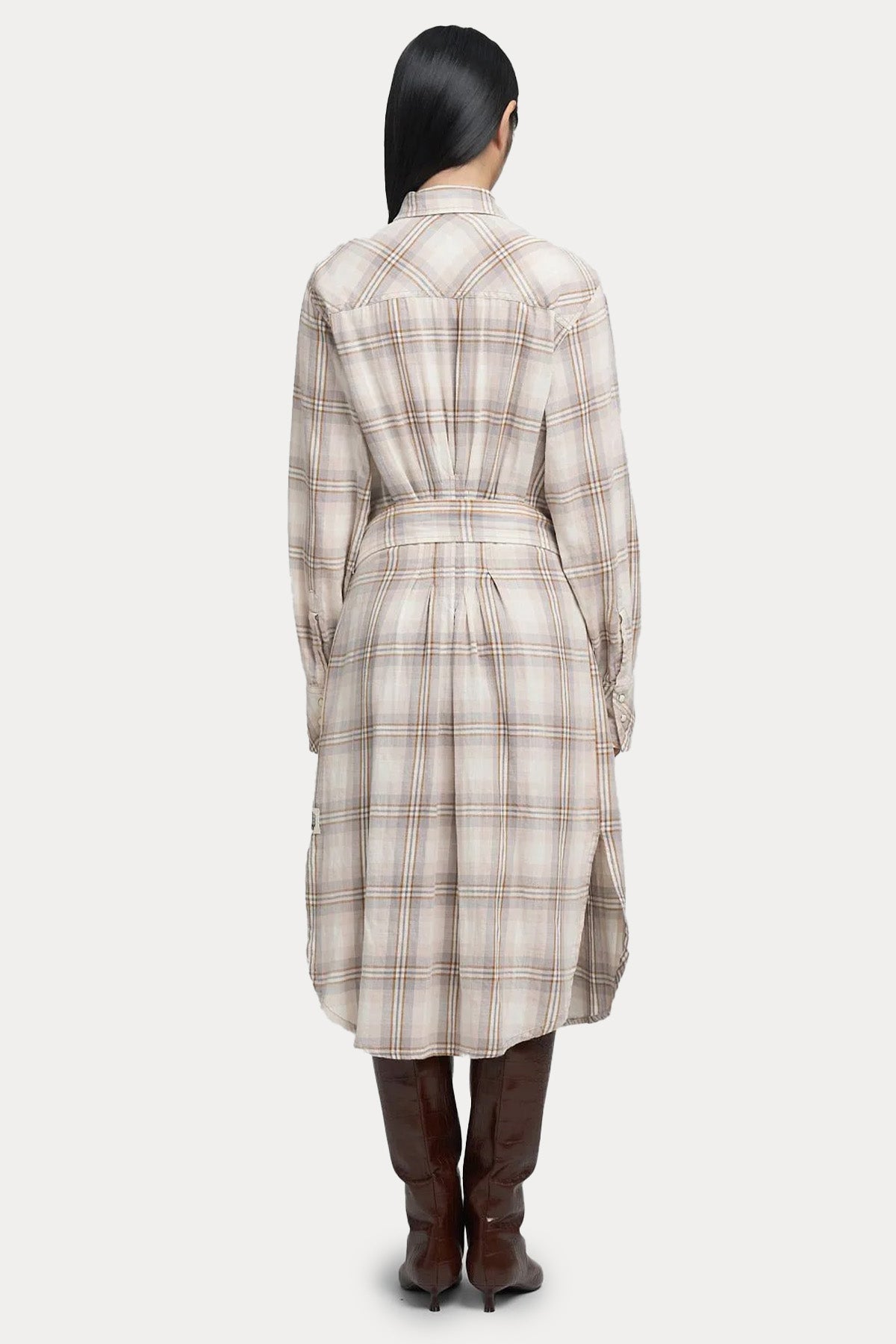 Replay Relaxed Fit Ekose Desen Kemerli Midi Gömlek Elbise