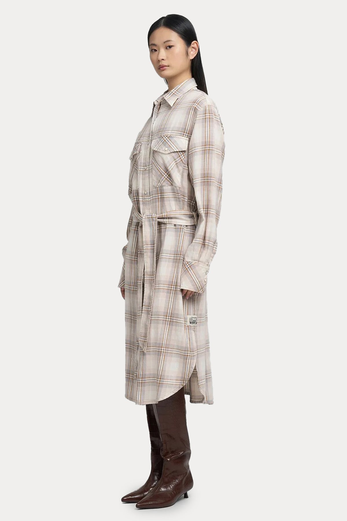 Replay Relaxed Fit Ekose Desen Kemerli Midi Gömlek Elbise