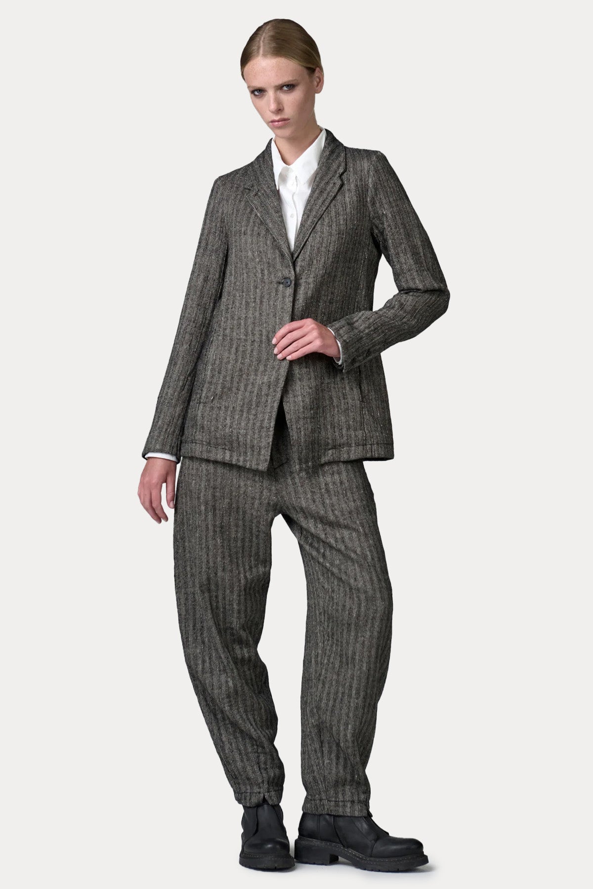 Transit Relaxed Fit Balıksırtı Desenli Keten Örgü Yün Blazer Ceket