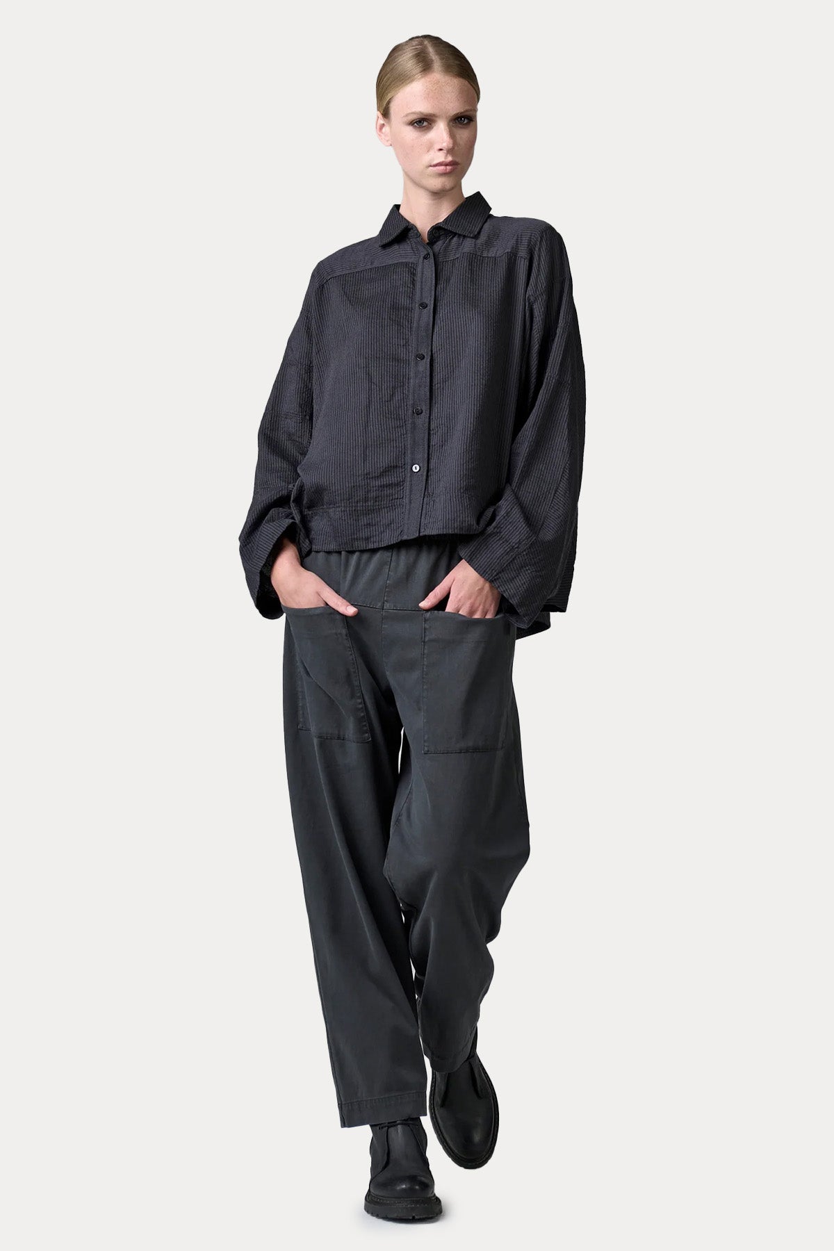 Transit Geniş Kesim Mikro Desenli Keten Gömlek