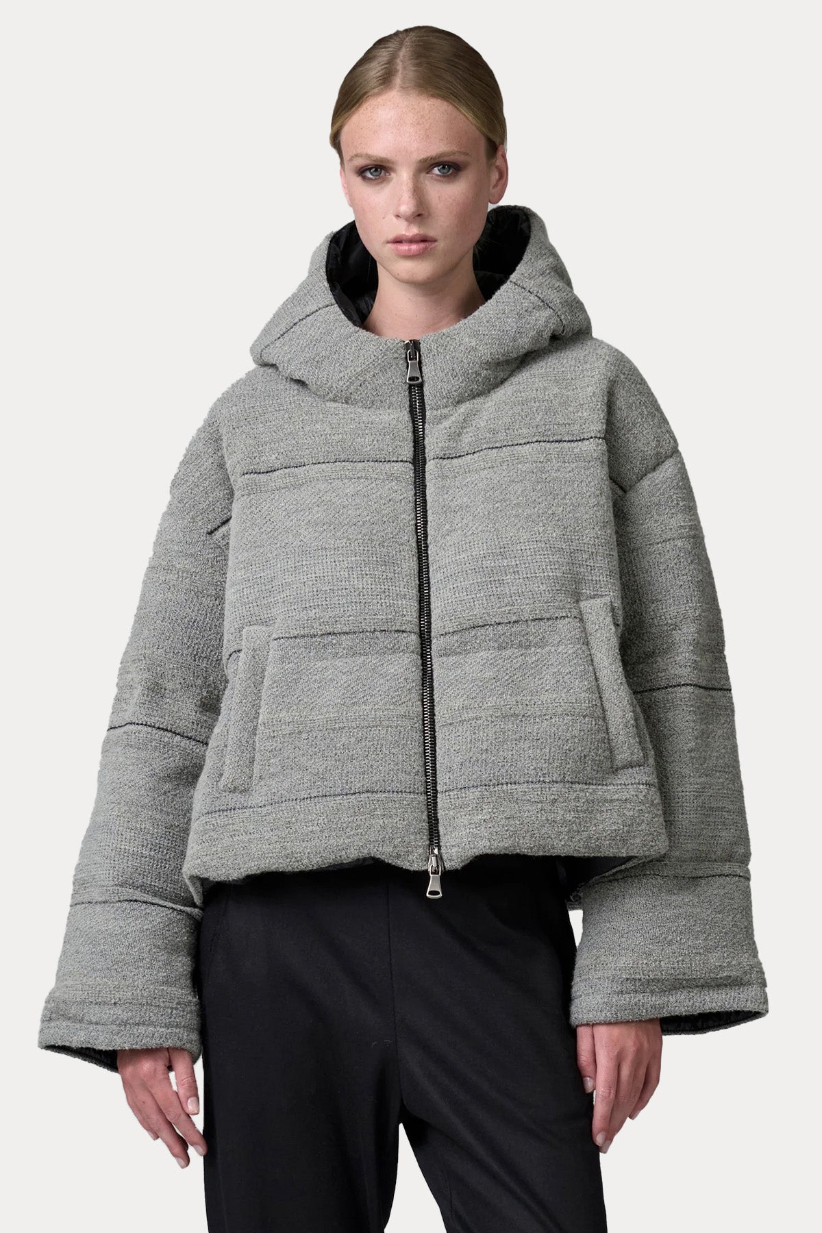 Transit Relaxed Fit Kapüşonlu Puffer Yün Mont