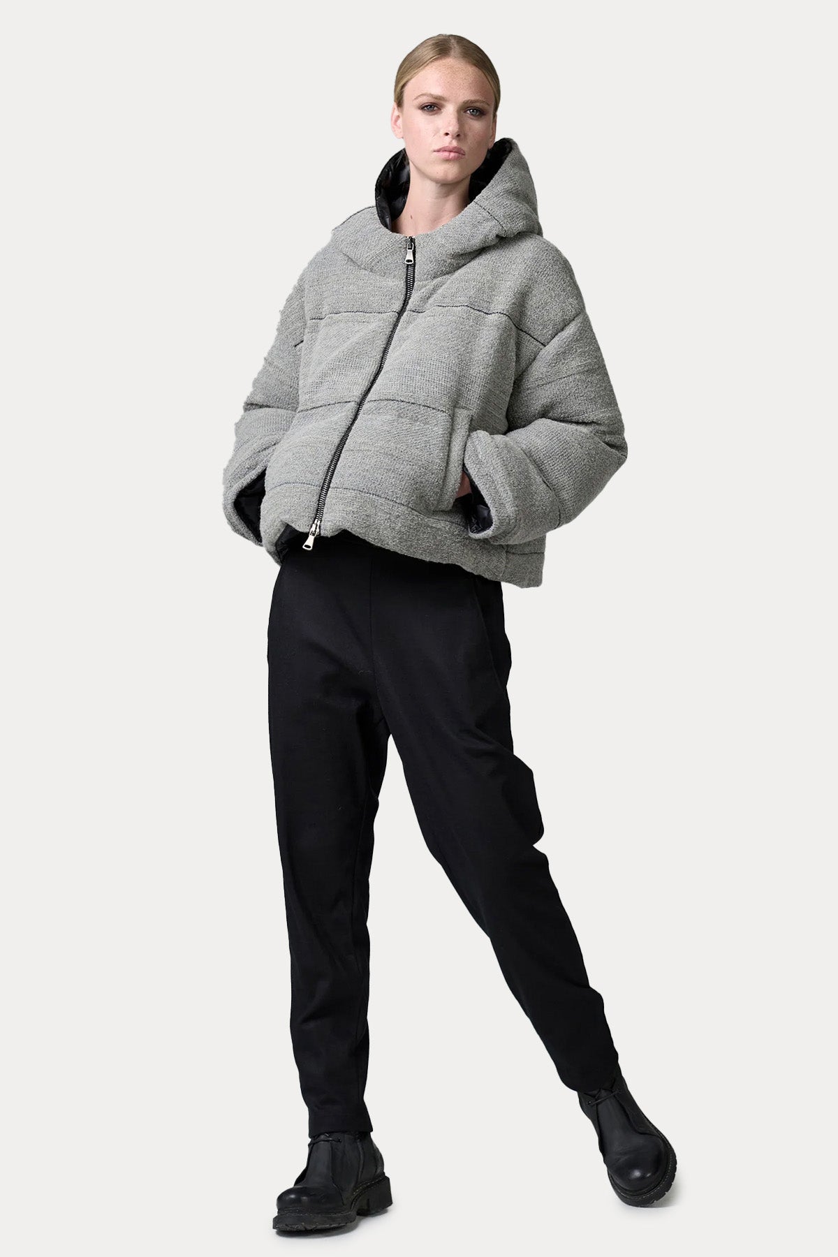 Transit Relaxed Fit Kapüşonlu Puffer Yün Mont