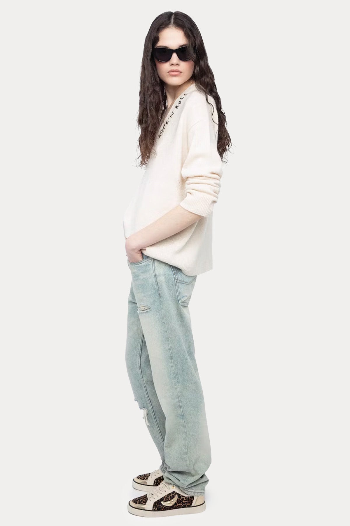 Zadig & Voltaire Comfort Fit V Yaka İnce Örgü Nakış Logolu Kaşmir Triko