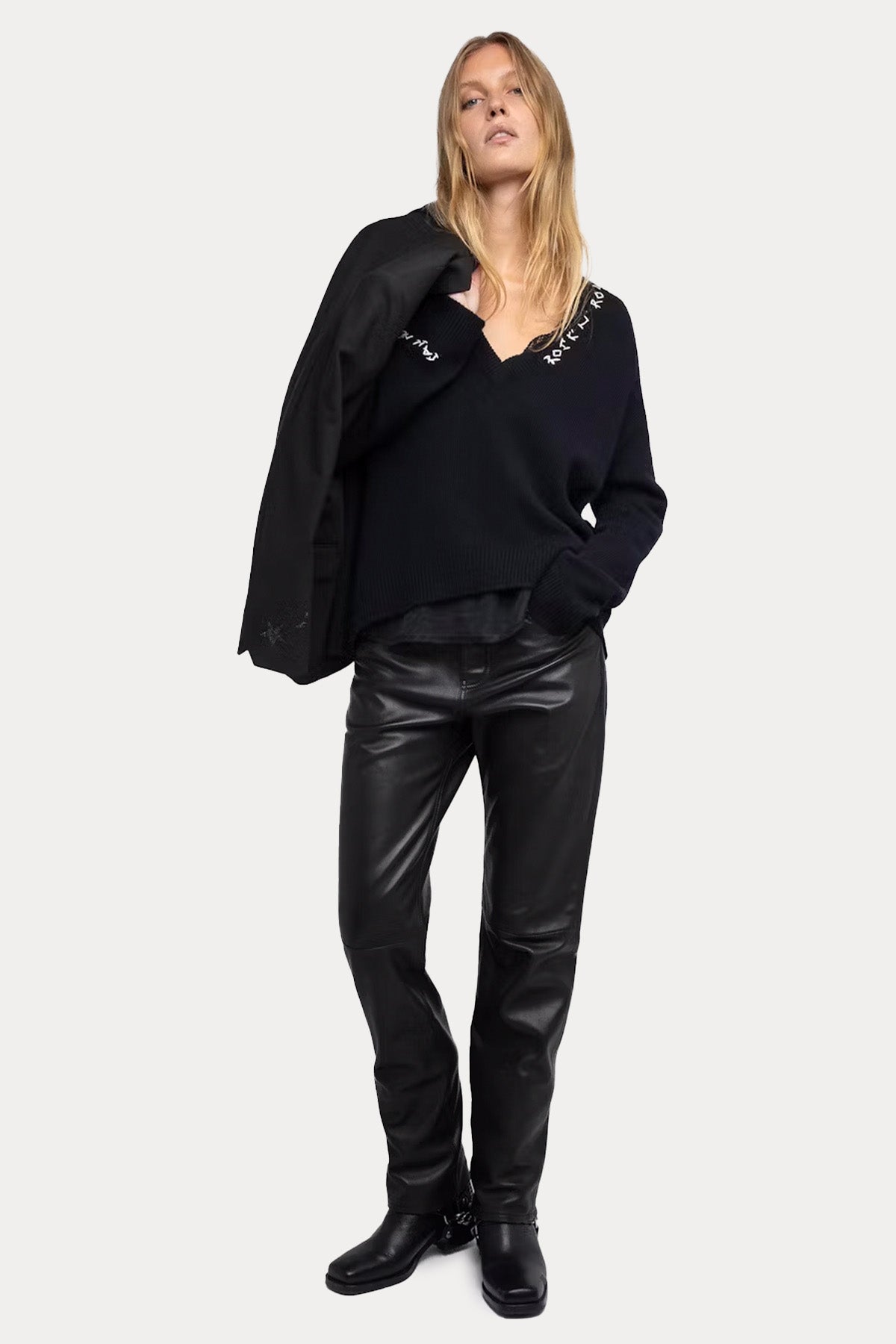 Zadig & Voltaire Comfort Fit V Yaka İnce Örgü Nakış Logolu Kaşmir Triko