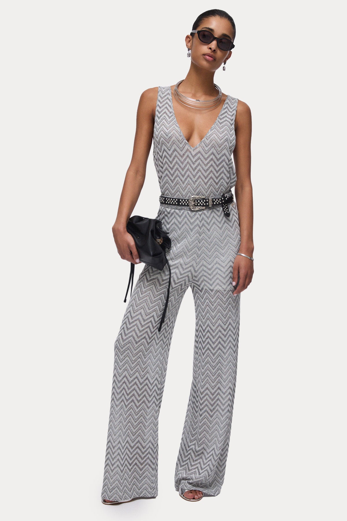 Liu Jo Regular Fit V Yaka Şevron Motifli Parlak Bluz-Bluz-Libas