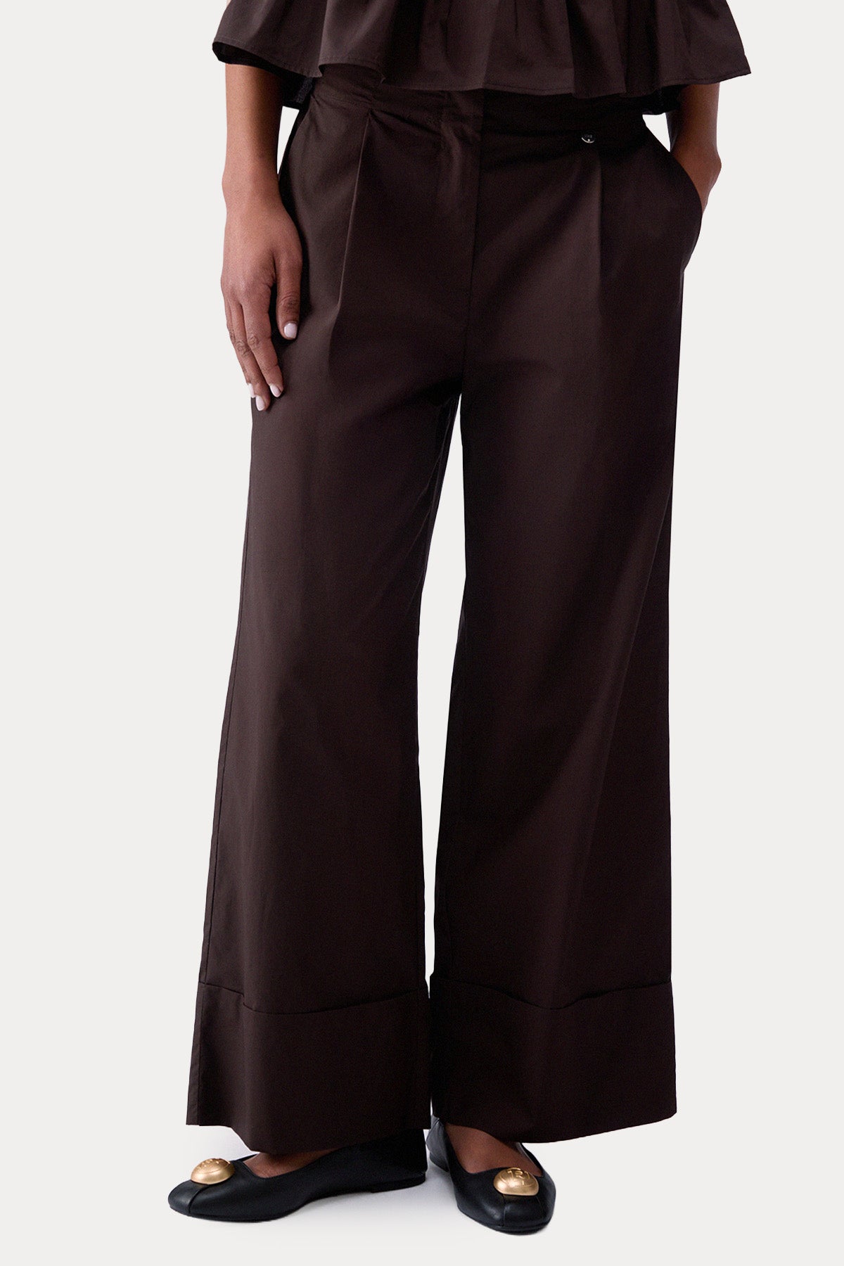 Liu Jo Straight Wide Leg Yüksek Belli Poplin Pantolon-Pantolon-Libas
