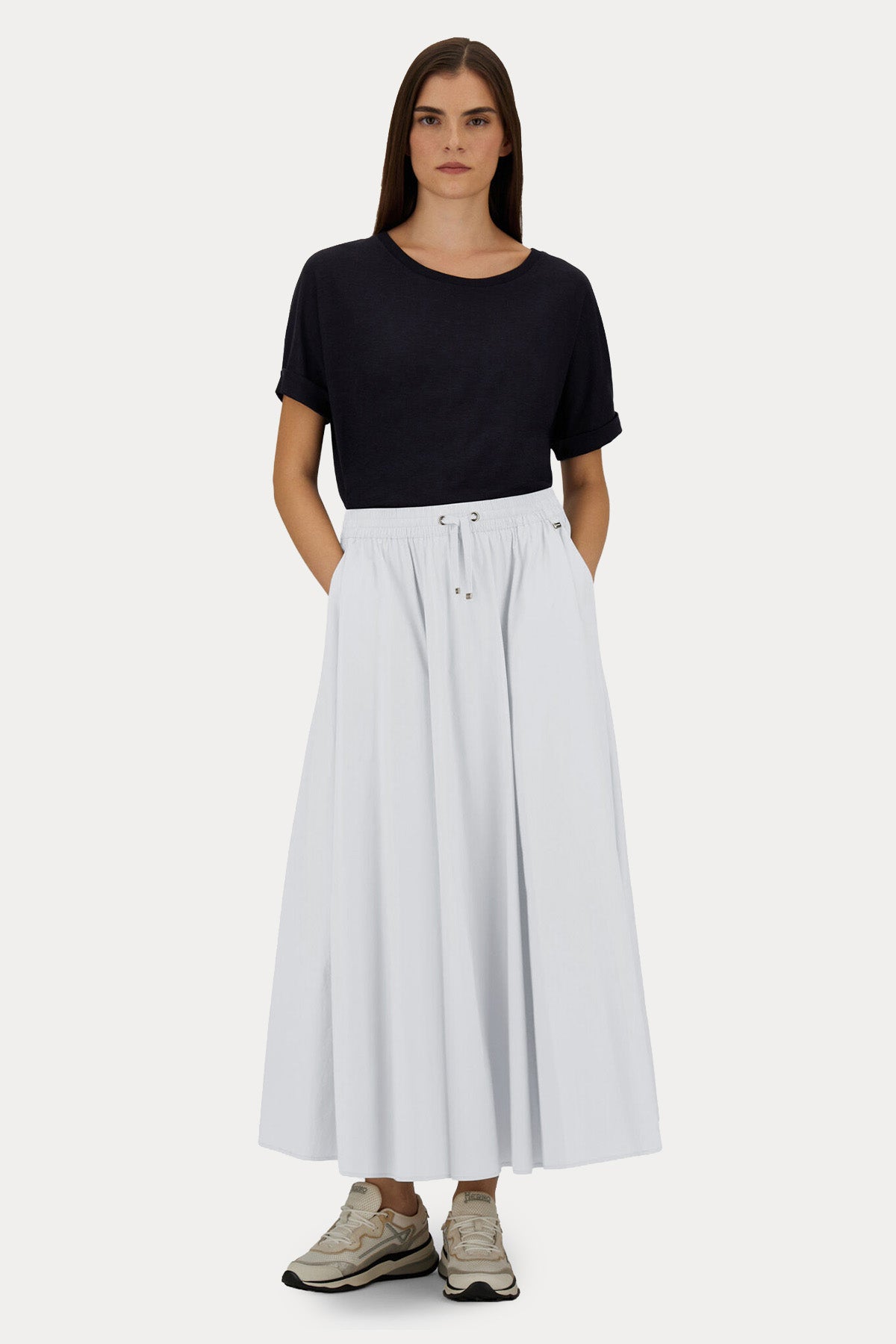 Herno Beli Lastikli Yandan Cepli Pileli Streç Midi Etek