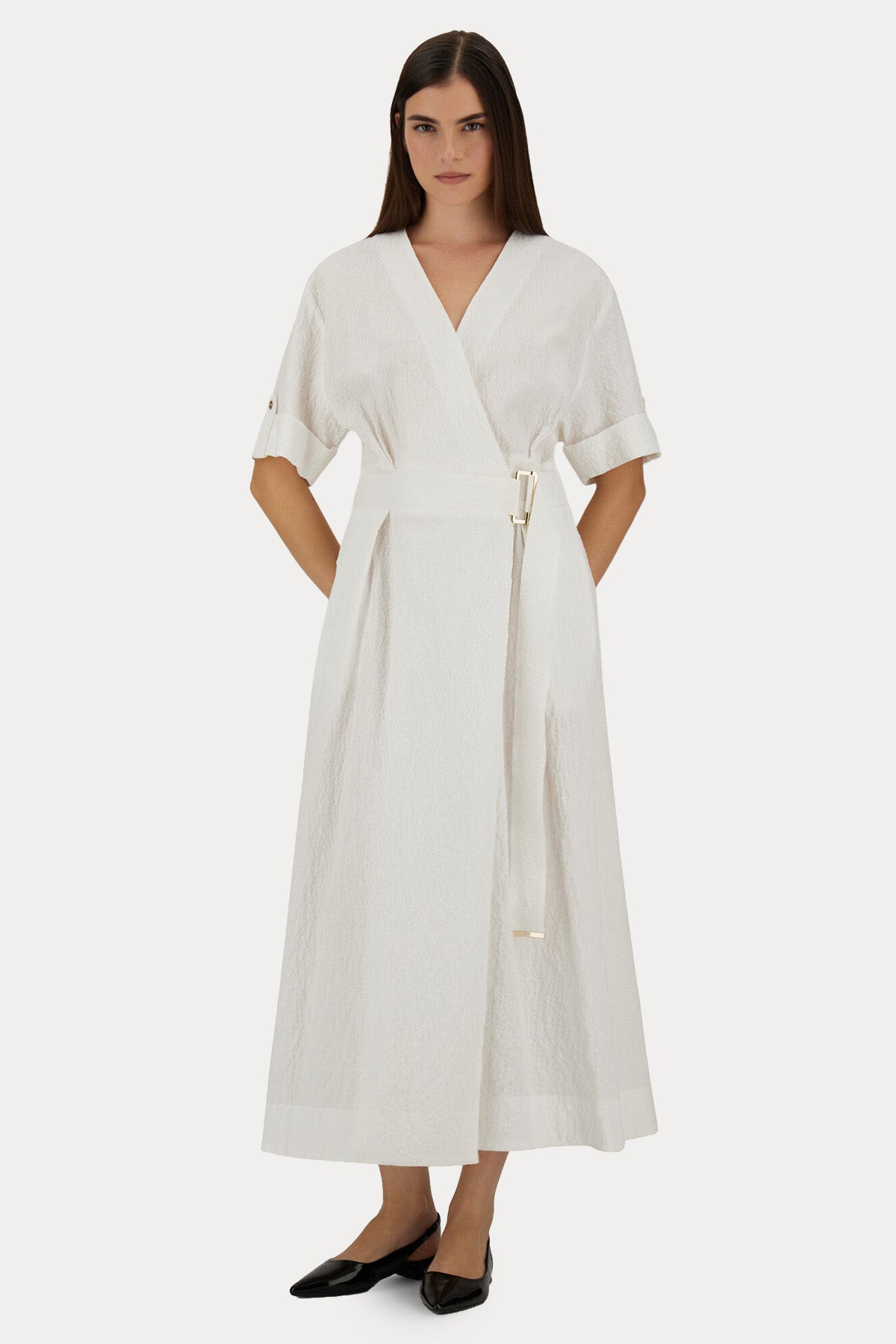 Herno Regular Fit Gofre Kumaş Kemerli Midi Elbise