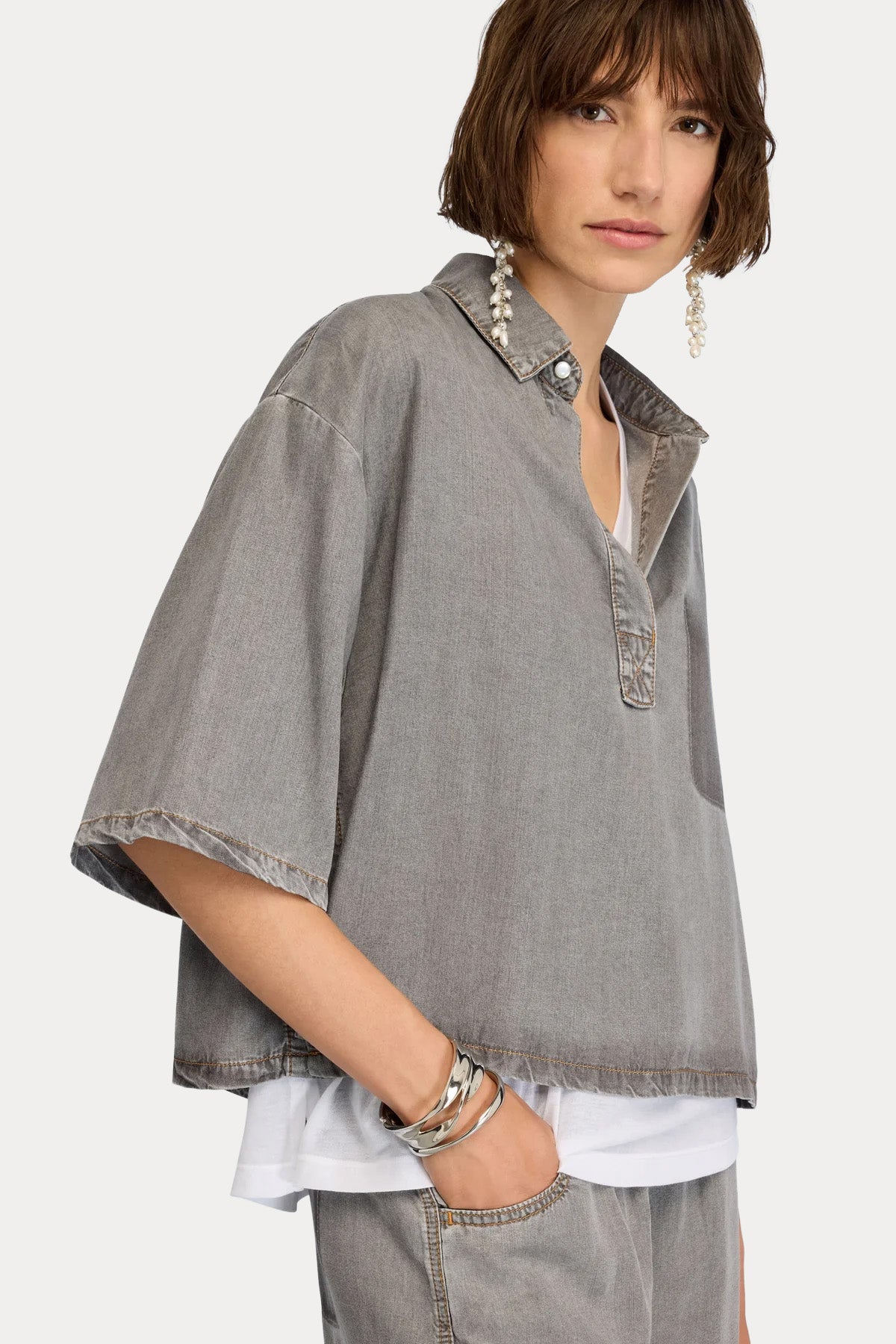 Semicouture Relaxed Fit Polo Yaka Cep Detaylı T-shirt-T-shirt-Libas