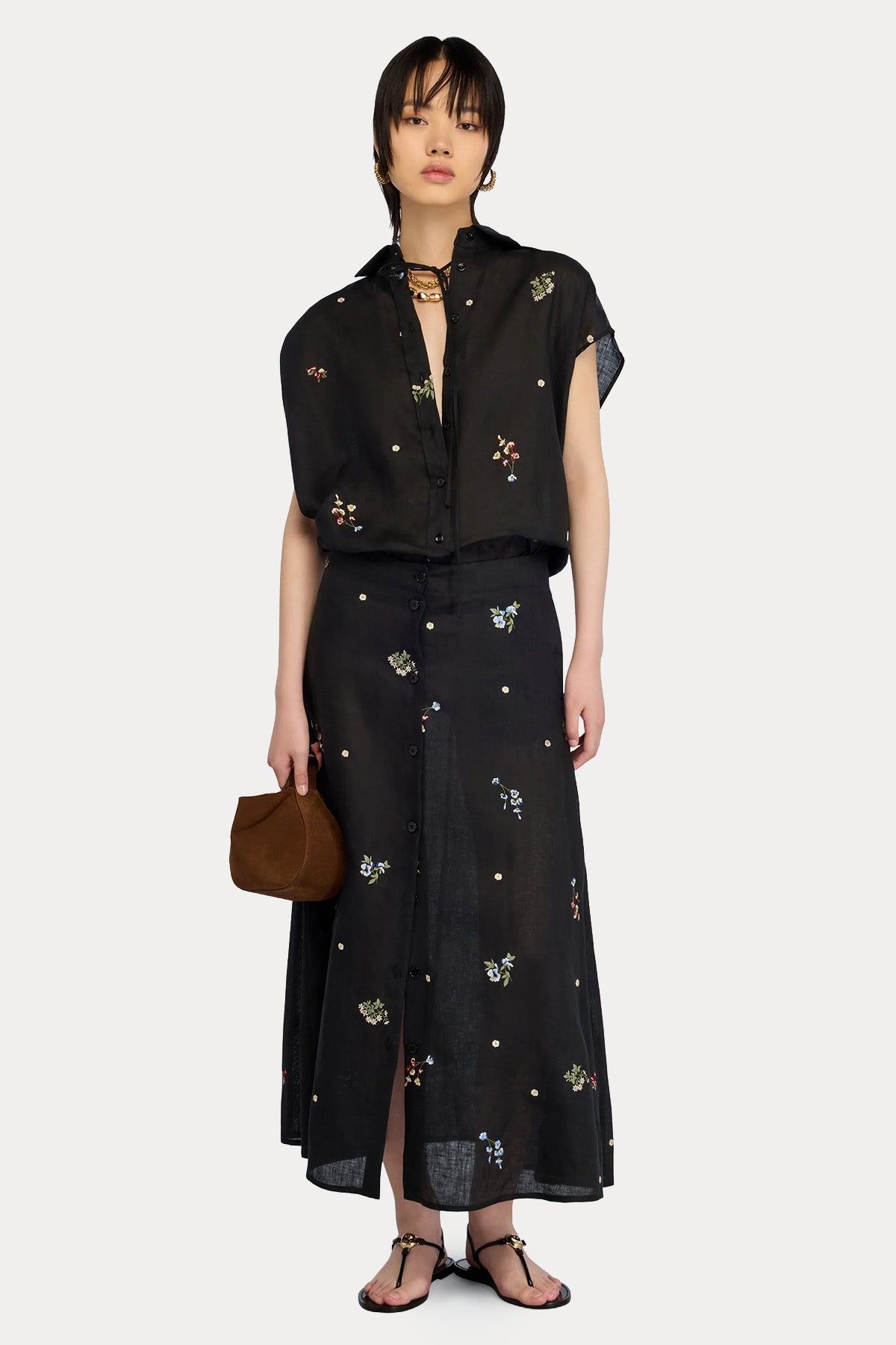 Semicouture Relaxed Fit Nakış Çiçek Desenli Keten Gömlek-Gömlek-Libas