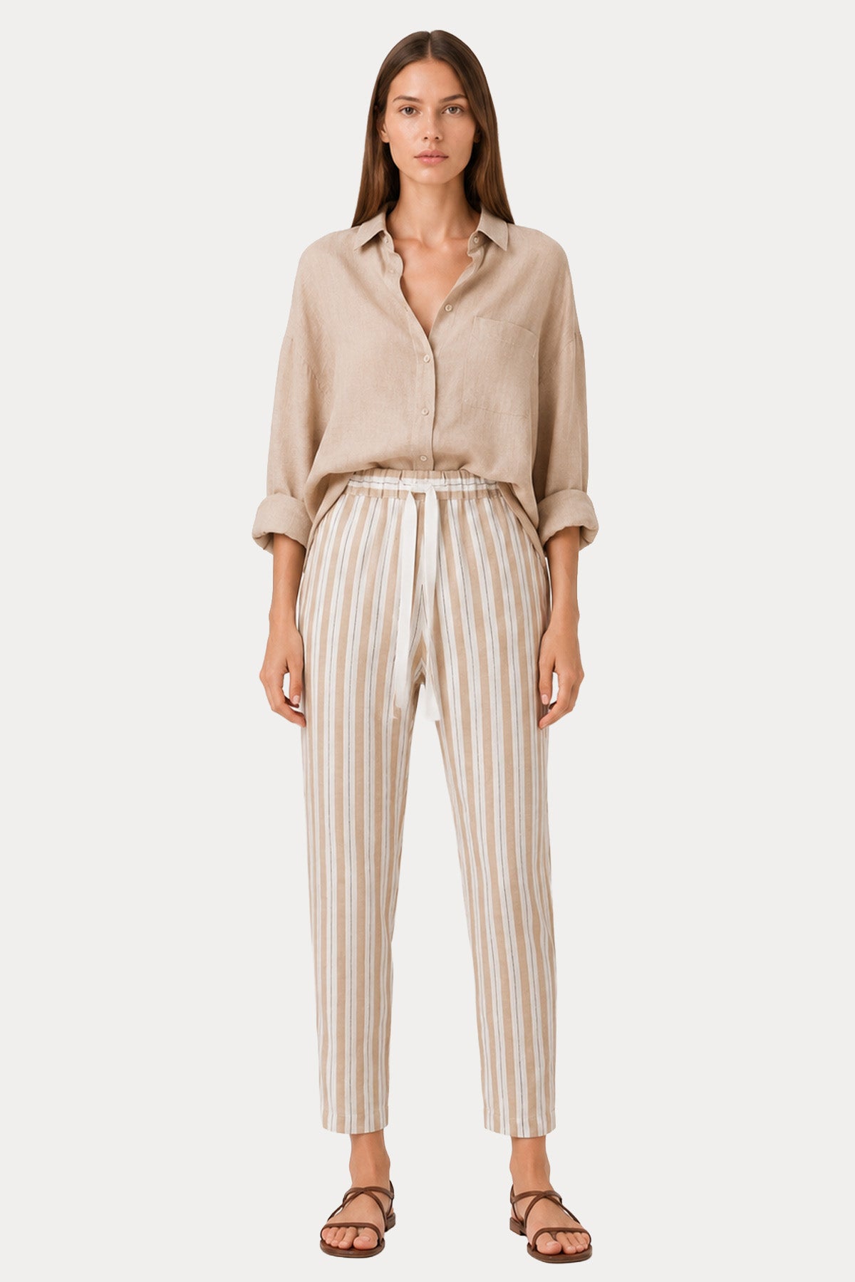 Semicouture Regular Fit Beli Lastikli Çizgili Keten Pantolon