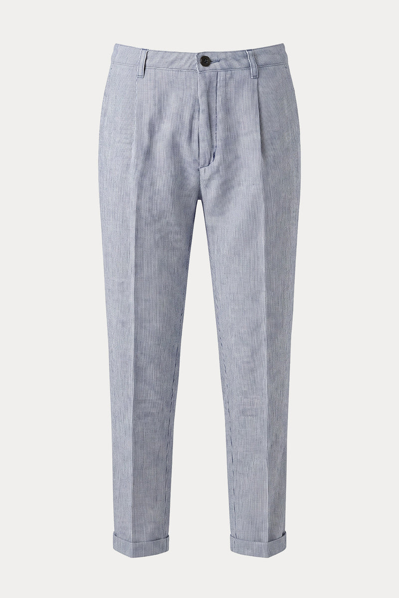 40 Weft Ronan Relaxed Fit Tek Pile Çizgili Keten Pantolon-Pantolon-Libas