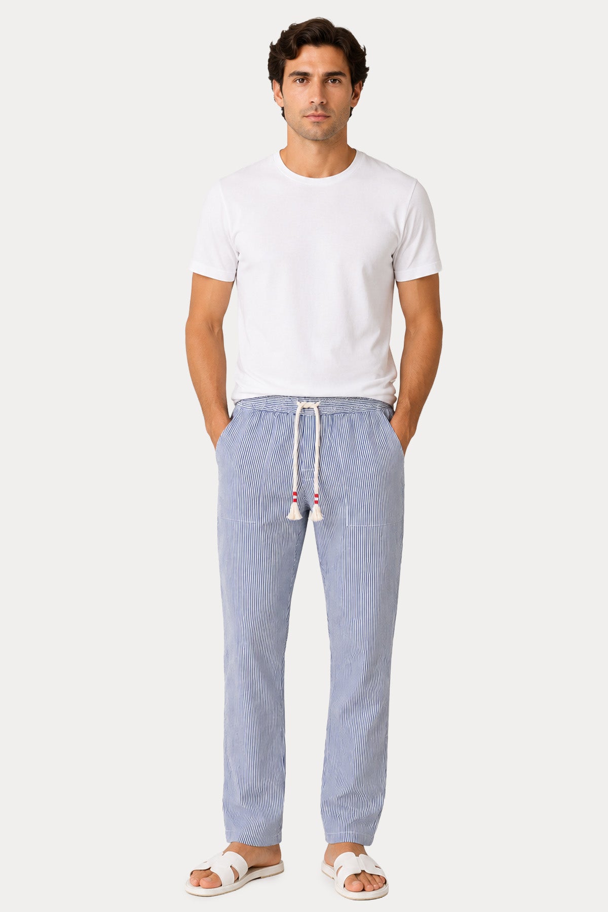 Saint Barth Regular Fit Beli Lastikli Çizgili Keten Pantolon