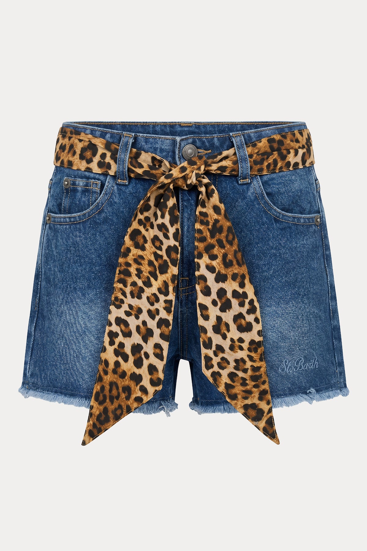 Saint Barth 6-8 Yaş Kız Çocuk Leopar Desenli Kemerli Denim Şort