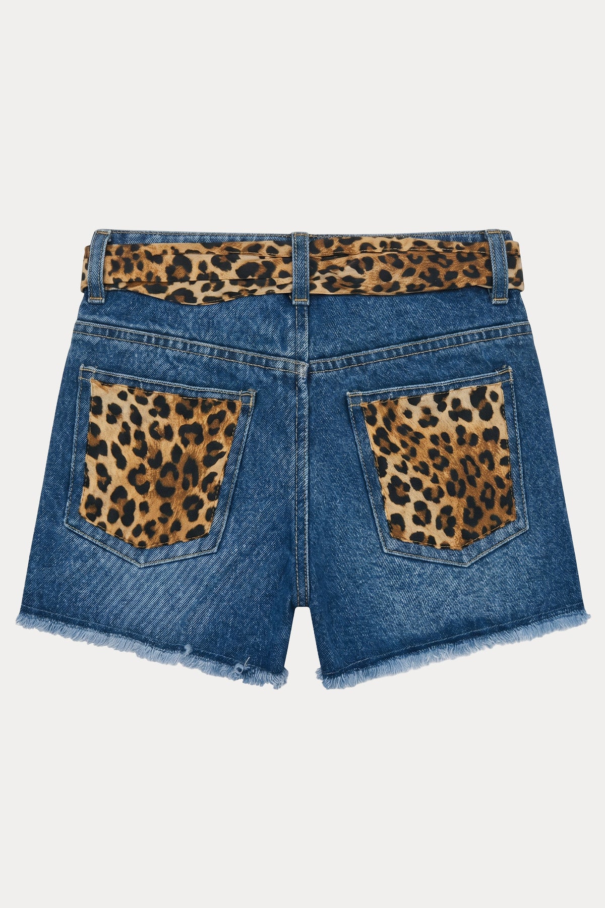 Saint Barth 6-8 Yaş Kız Çocuk Leopar Desenli Kemerli Denim Şort